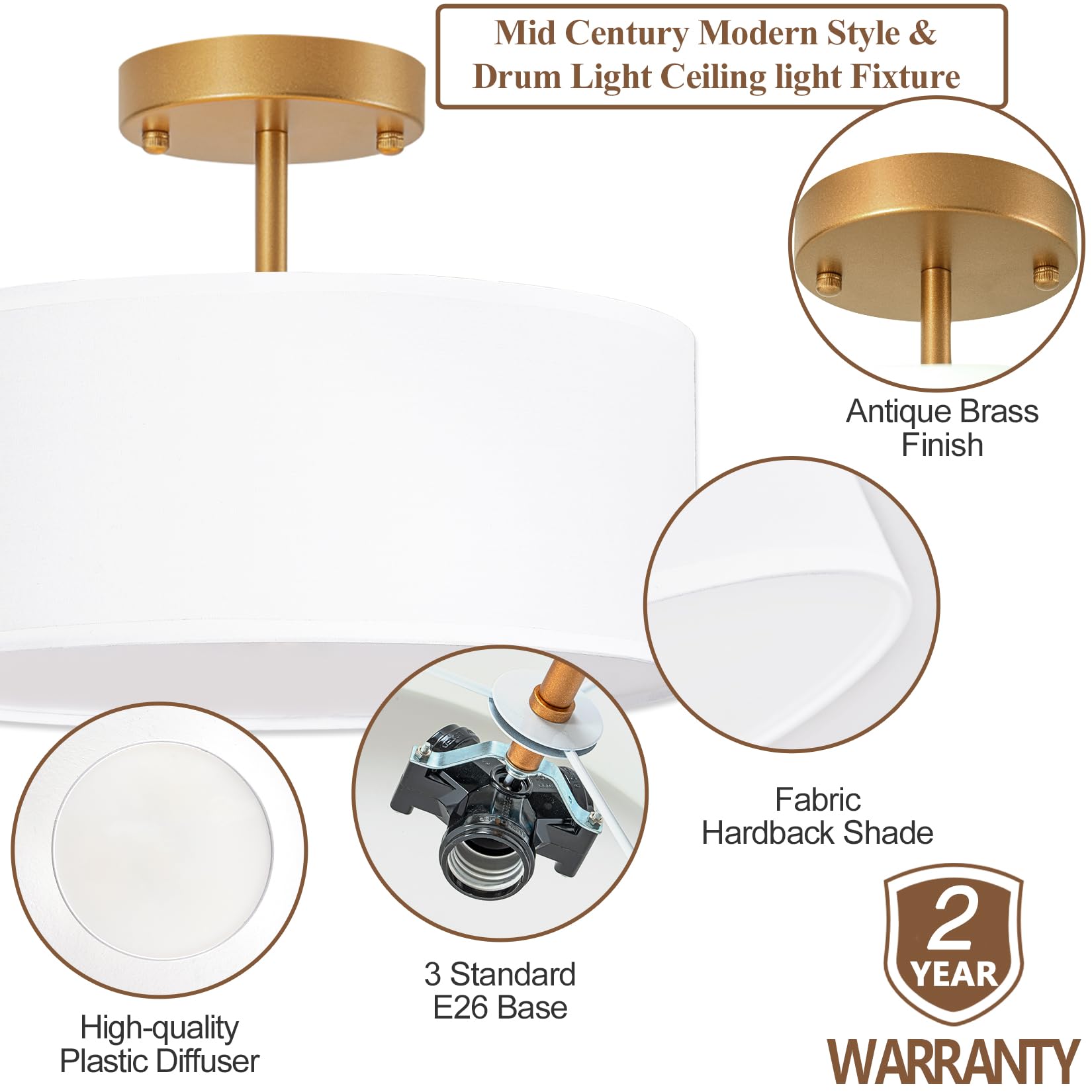 Bargeni Semi Flush Mount Ceiling Light,13 Inch Drum Ceiling Light Fixture,Gold Flush Mount Light Fixture With White Fabric Shade