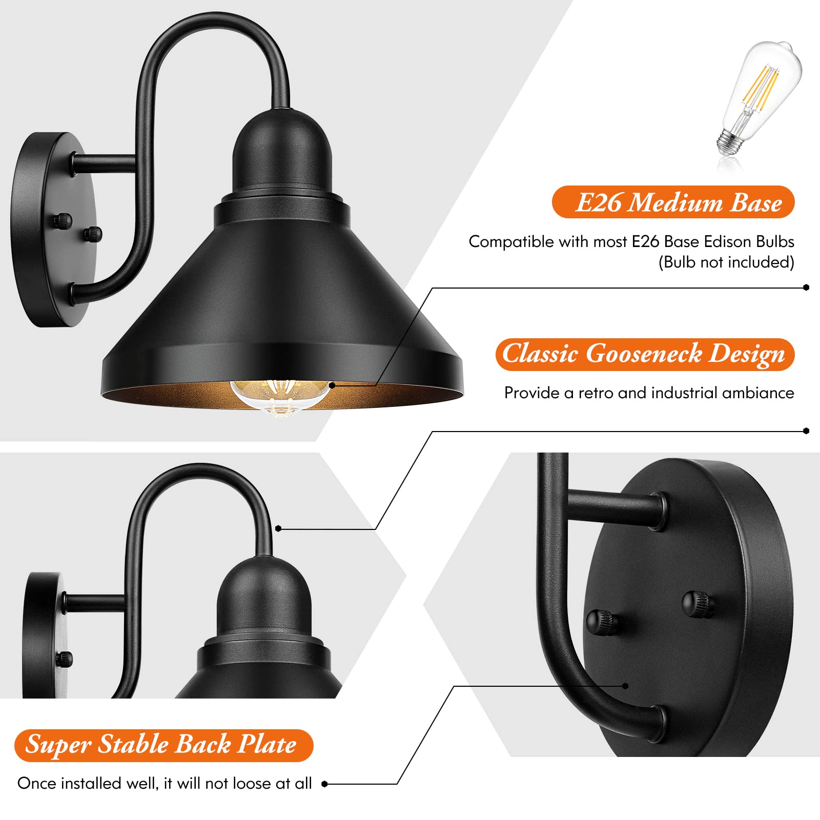 Brightever Gooseneck Outdoor Light Fixtures, 2-Pack Black Metal Barn Lights, 9.25IN, Industrial Style, E26 Base, Anti-Rust