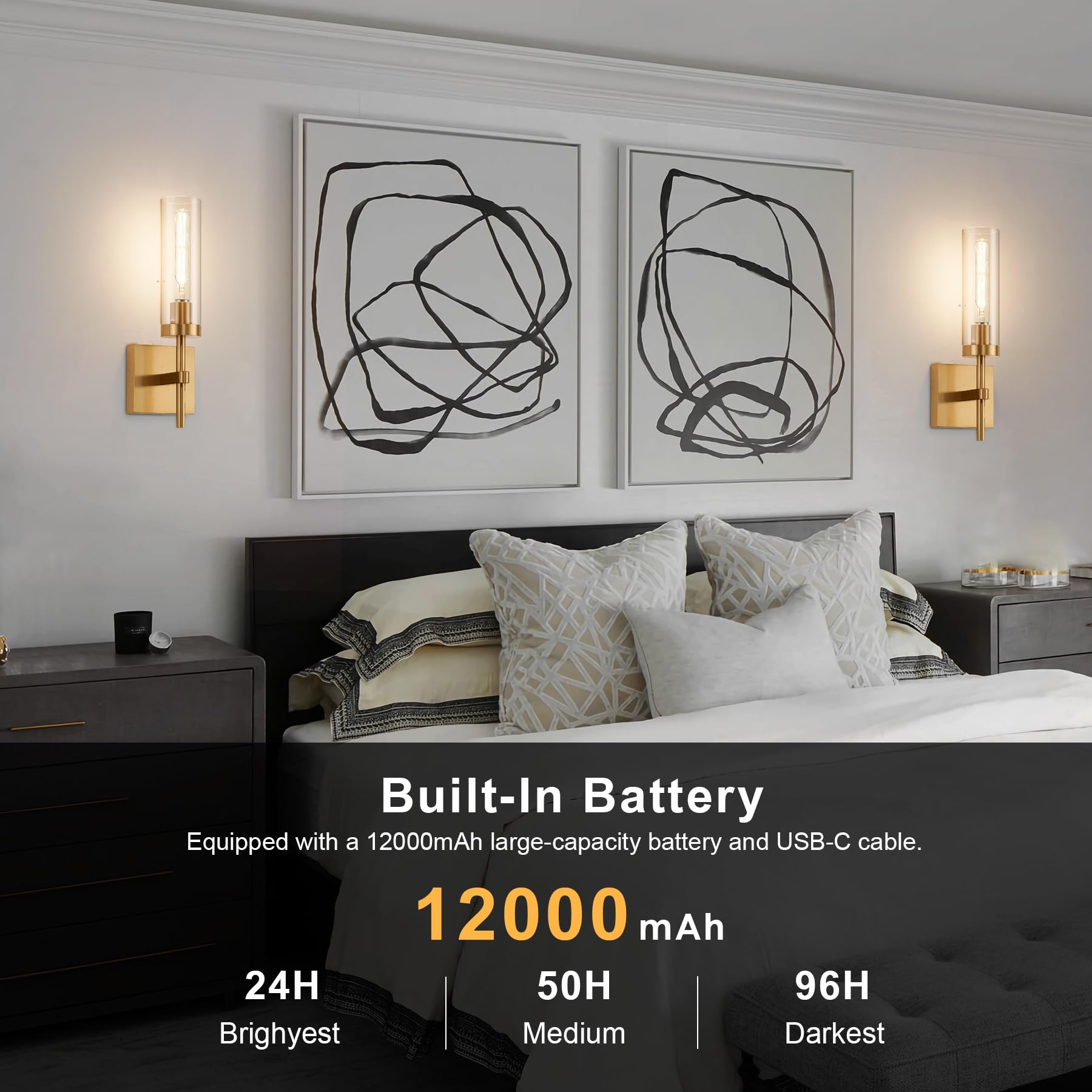 SANTOSTOCK Gold Battery Operated Wall Sconce Set of 2, Wireless LED Dimmable Lights, Rechargeable, Clear Glass, Model SSW018G1-2C