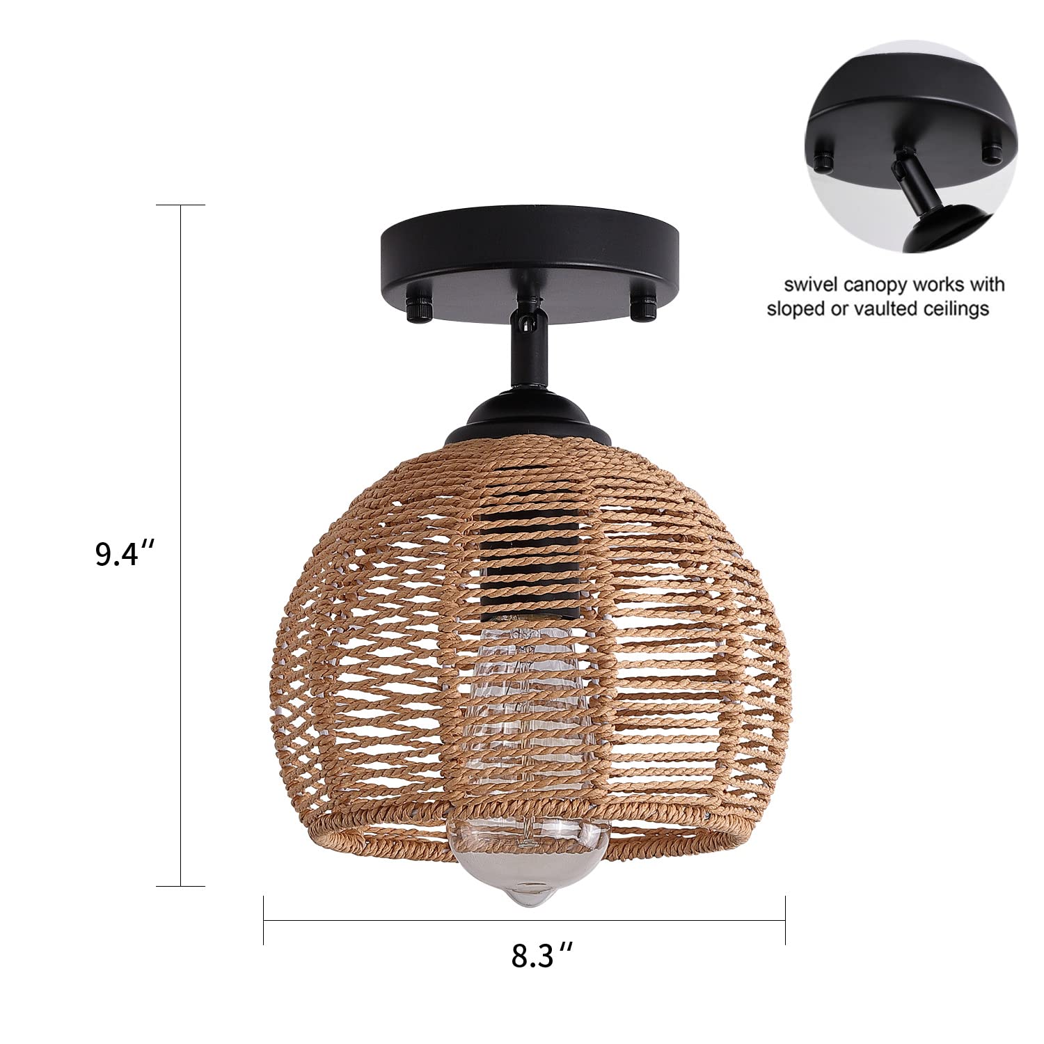 Fivess Lighting Rustic Hemp Rope Flush Mount Light Fixture Basket Sloped Woven Small Semi Flush Mount Ceiling Light for Hallway