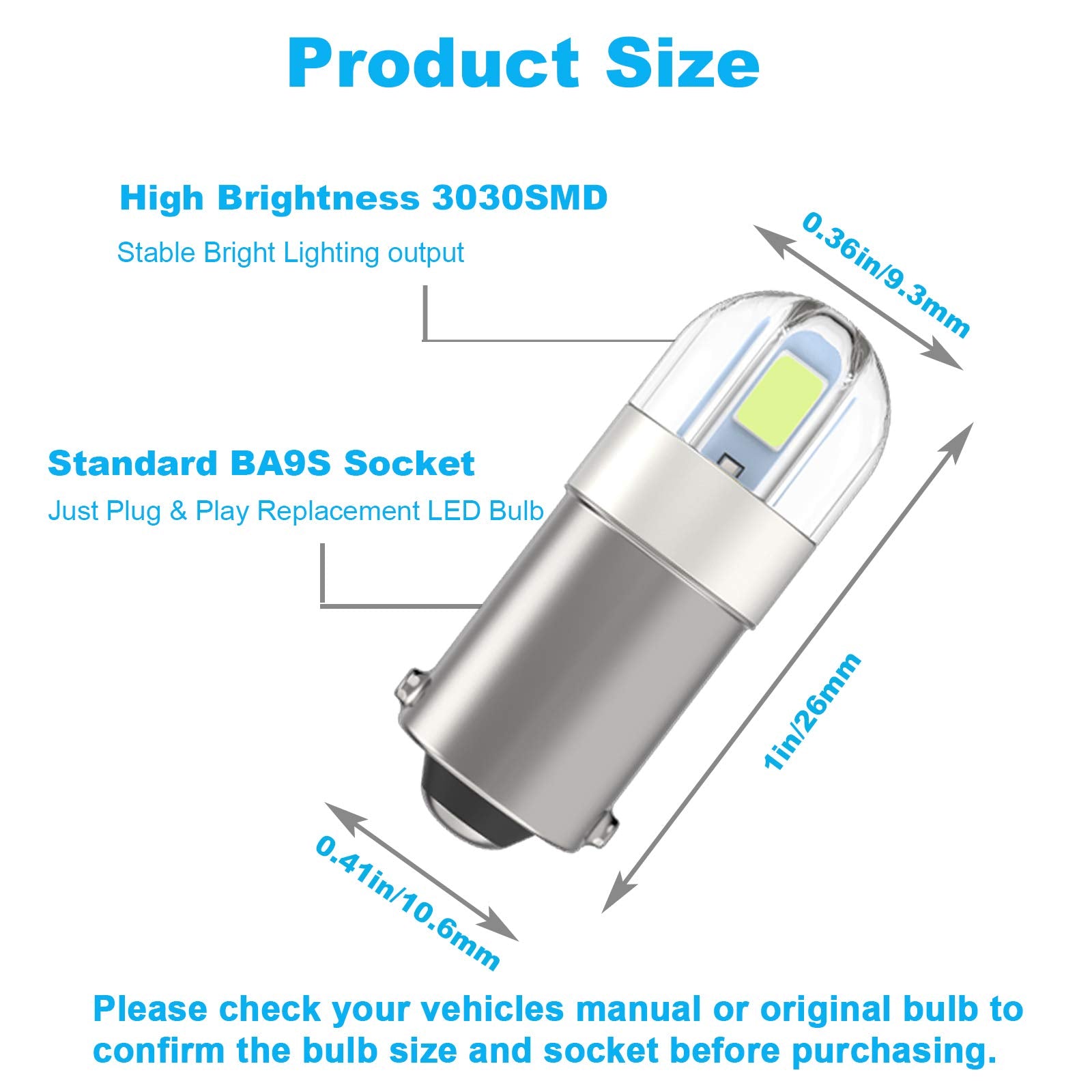 Serundo Auto BA9S LED Bulb Pack of 10, 2SMD 3030 Chips, Ice Blue, for Car Interior Dome, Map, License Plate, Glove Box Light