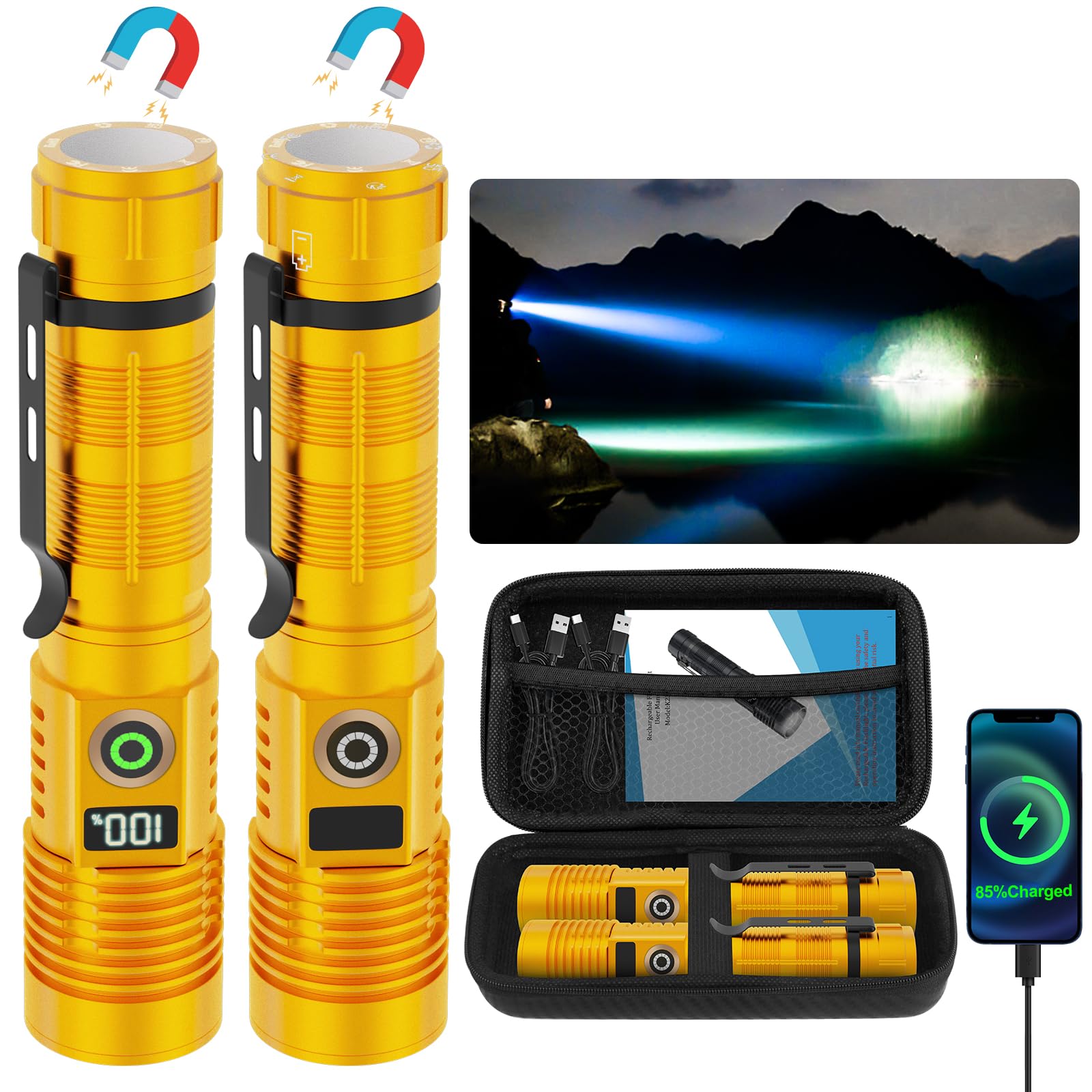 Spriak Rechargeable Flashlight High Lumens-Super Bright Magnetic Flash Light with Power Digital Display, Long Range,Dimmable,Wat