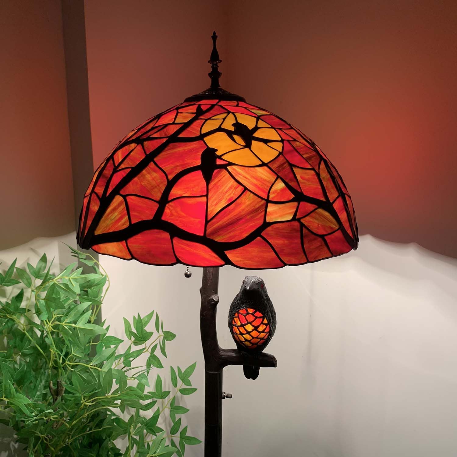 Bieye Tiffany Style Stained Glass Floor Lamp - Ravens On Tree Branch, 65 Tall, Black Red, Model Owlfloor, Double Lit Night Light