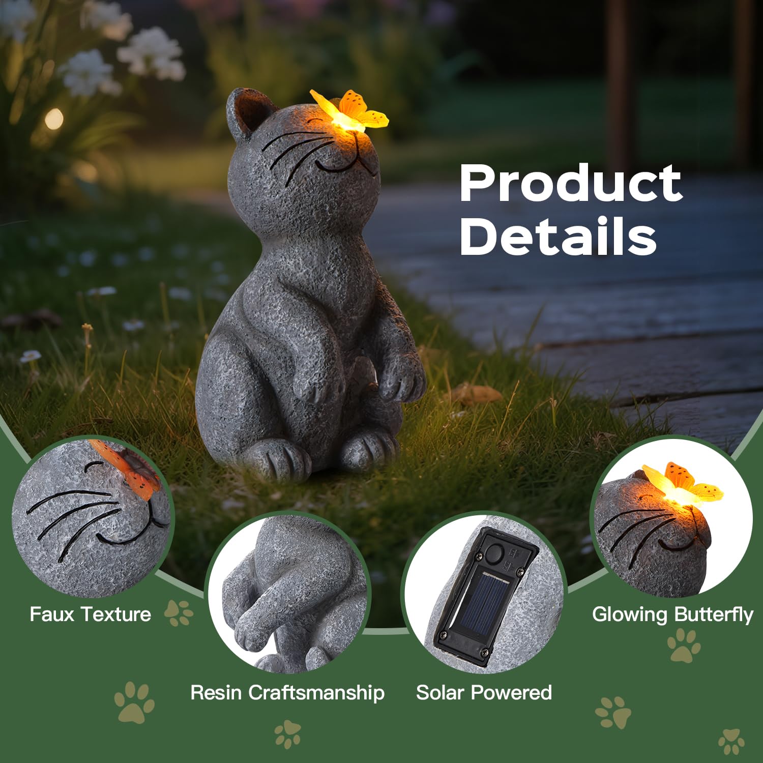 DyBaxa Solar Garden Décor Cat Statue - Dark Gray Resin Butterfly Light for Outdoor Patio, Balcony, Yard, Gifts for Women, Mom, Grandma