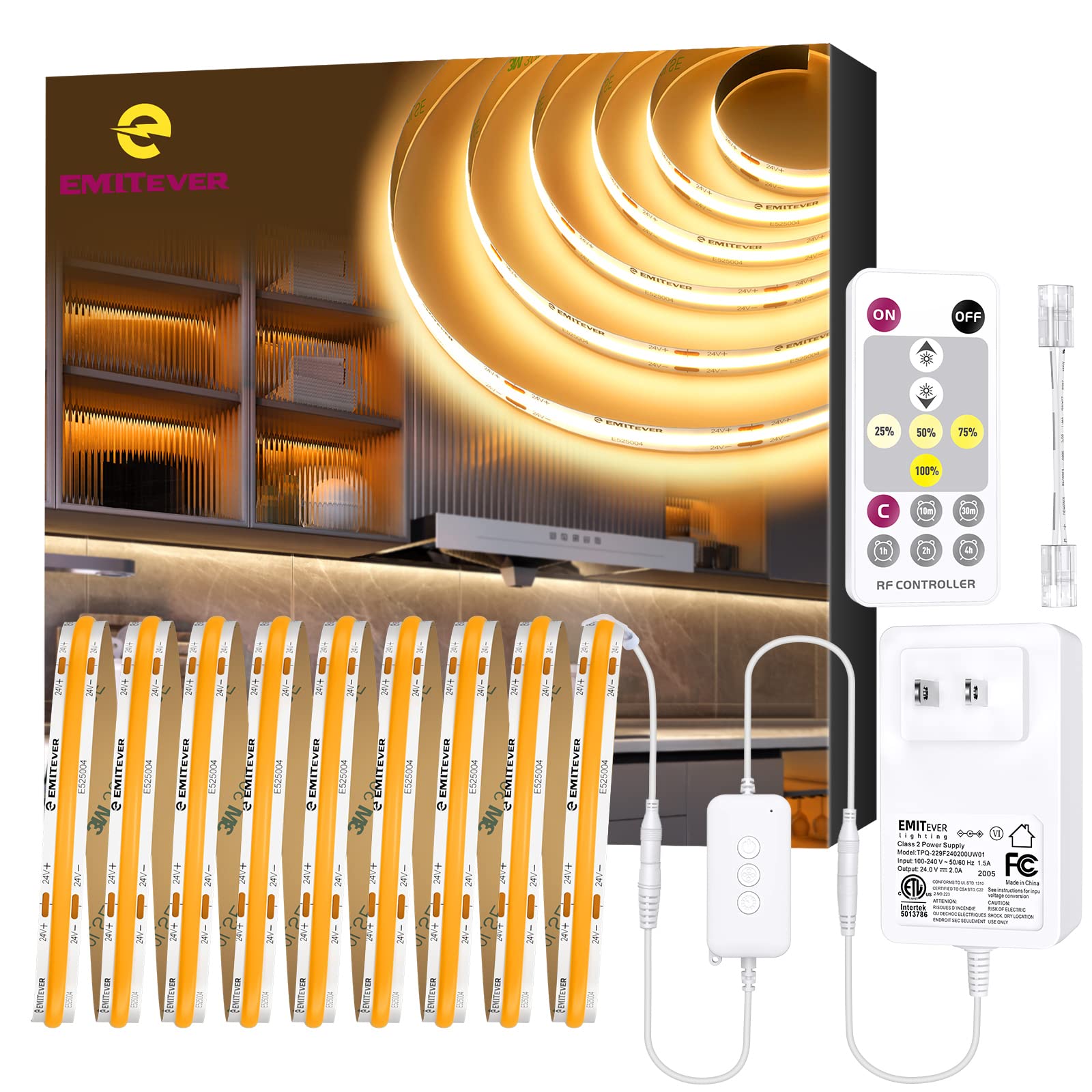 EMITEVER LED Strip Light Warm White 3000K 16.4ft,24V DC COB Dimmable Tape Lights with RF Controller,Premium High Density Power Adapter,1600LEDs UL Listed for Bedroom,Kitchen Cabinets,Indoor Use