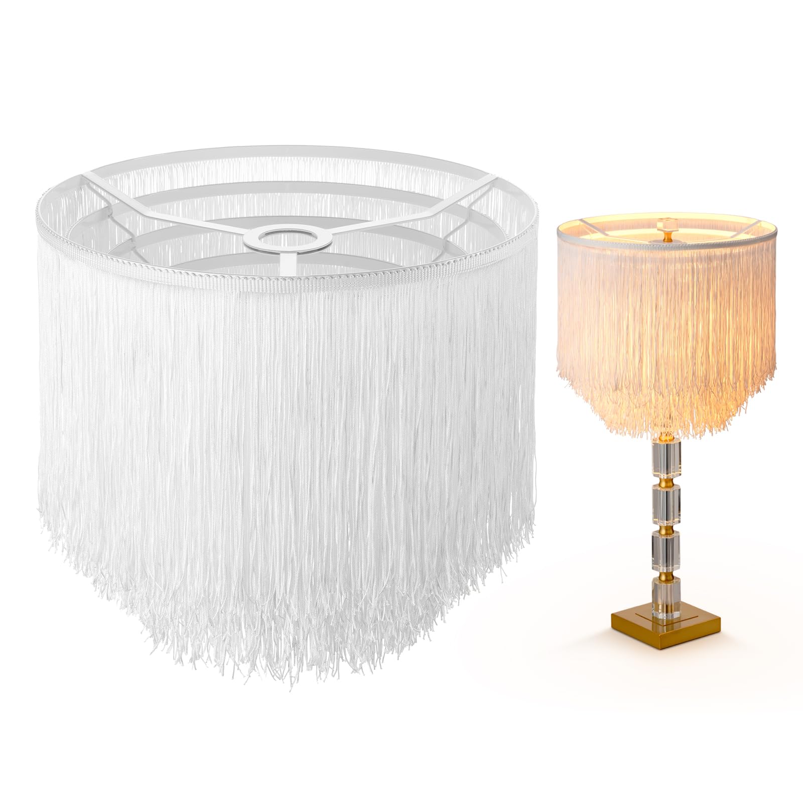 ELFCAB 5-Tier Cake Drum Tassel Lamp shade Replacement for Table Lamps  Floor Lamps and Pendant Lights - Handcrafted Polyester Tassel  Includes E26 to Harp Converter (White)