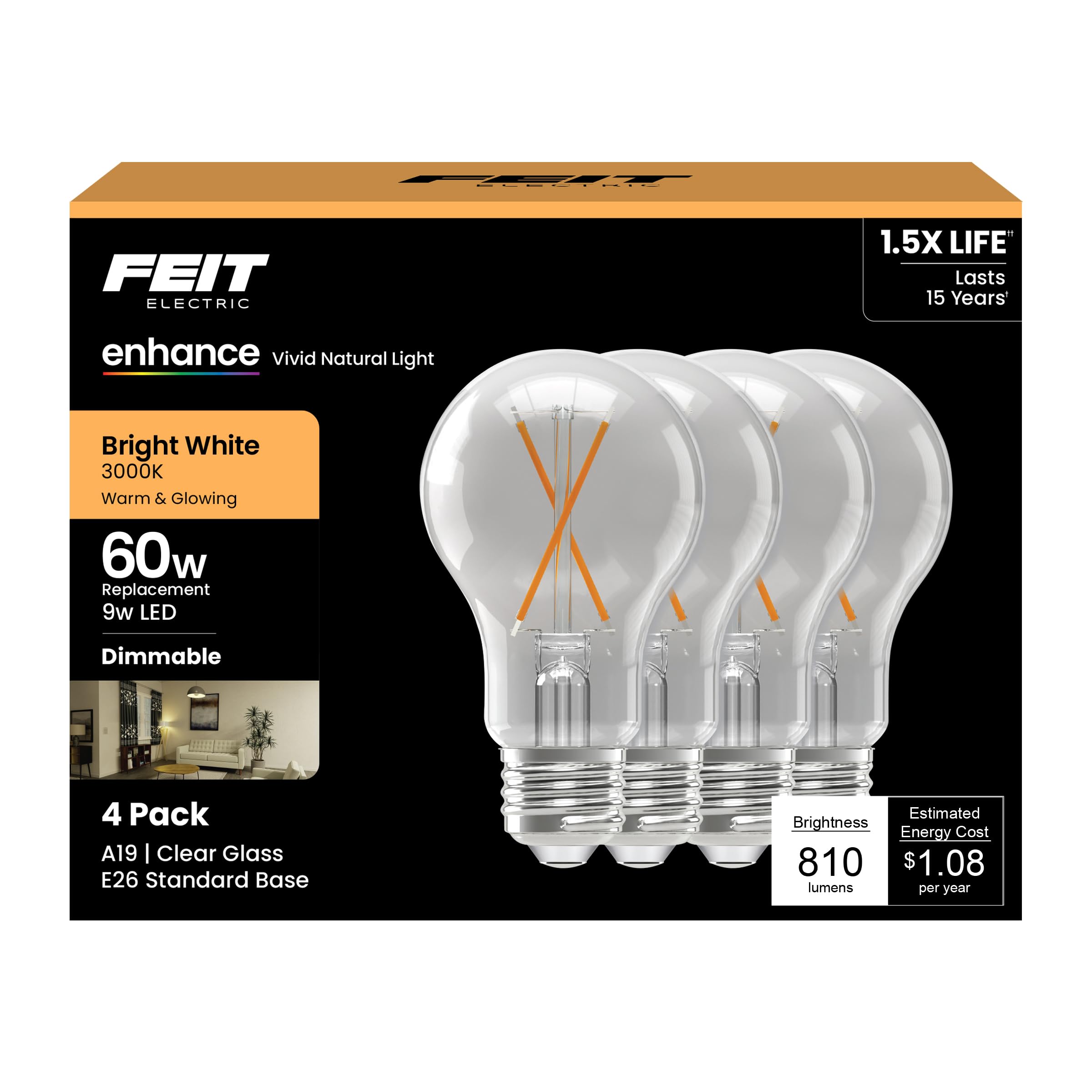 Feit Electric A19 Led Light Bulbs, 60W Equivalent, 810 Lumens, 3000K Bright White, High Cri 90+, Dimmable, Filament Style, Energ
