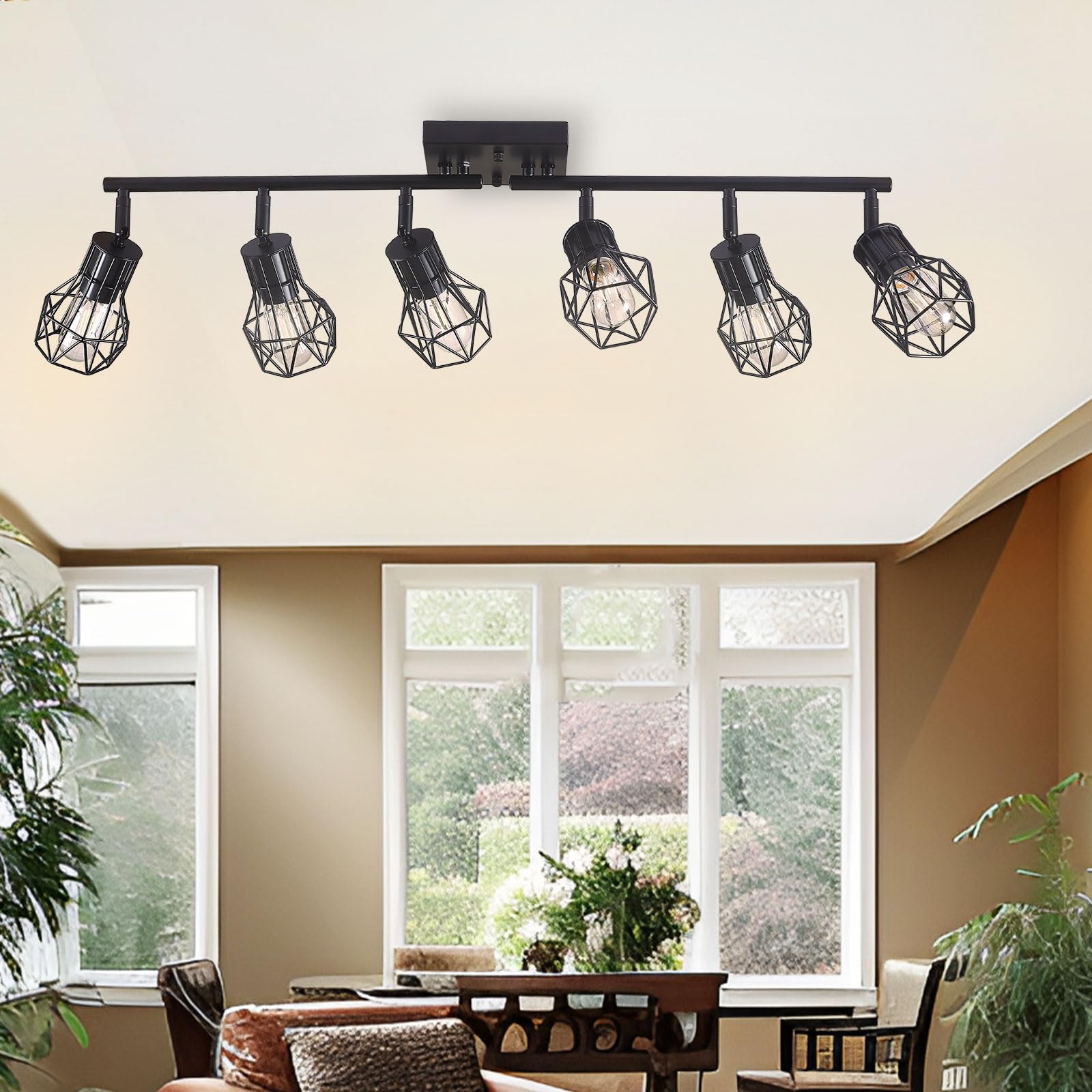 BANGANMA 6-Light Black Metal Cage Track Lighting Fixtures for Kitchen, Living Room, Dining Room – Model GD-30256