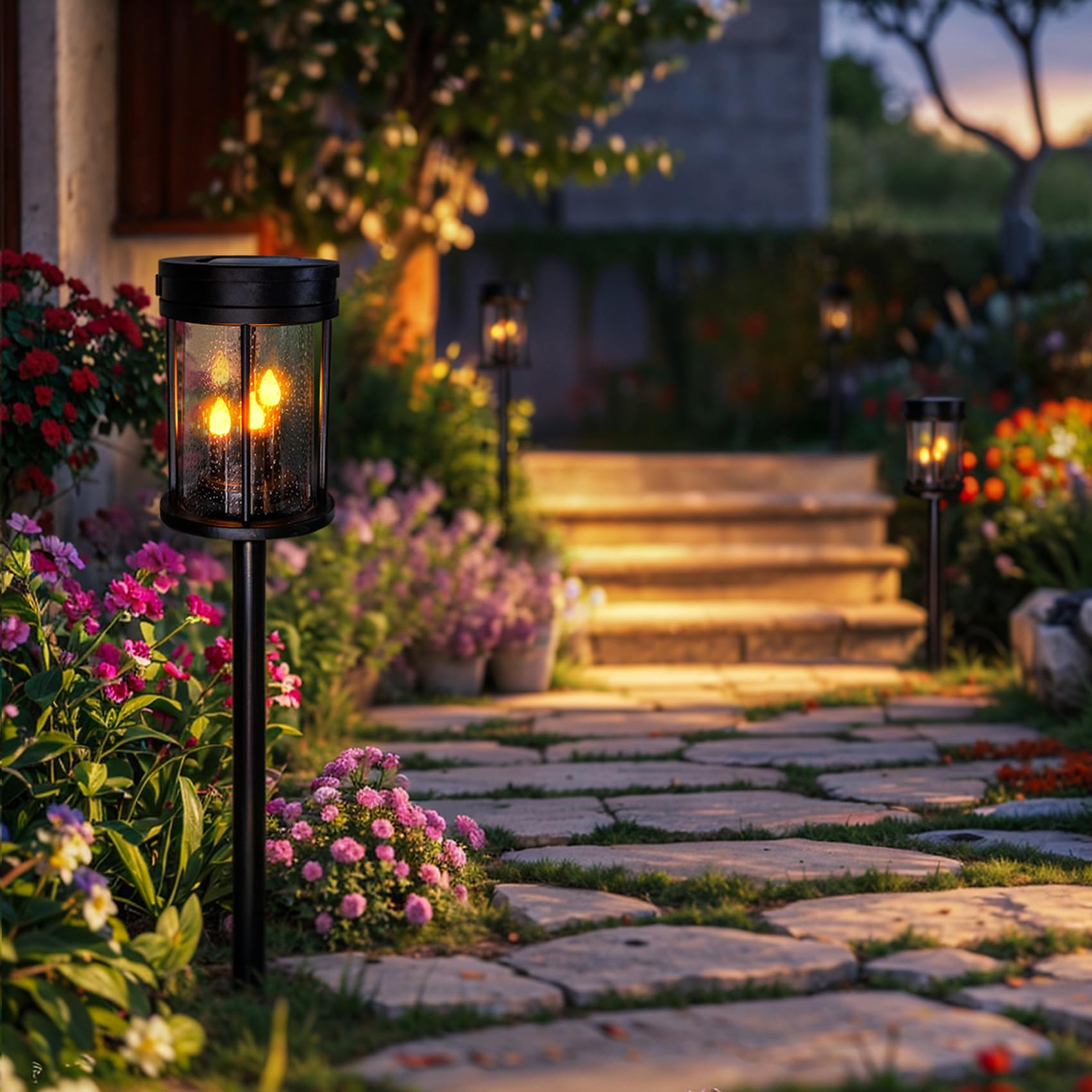 Outdoor Garden Solar Stake Lights Flickering Candle Lantern Lighting For Yard, Lawn, Patio, Pathway, Wall Decoration (2Pack, Bla
