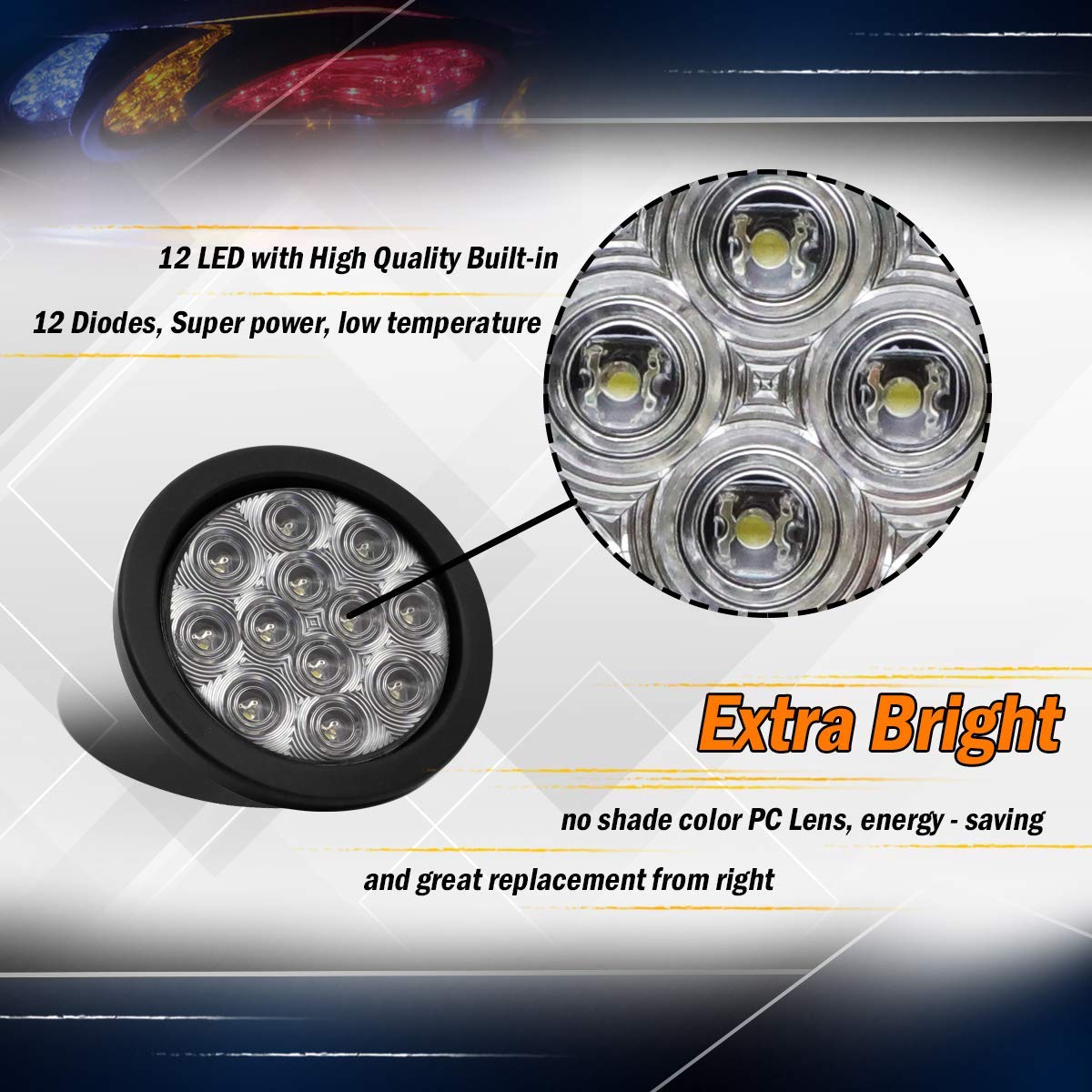 MADCATZ 4 Inch White Light Round 12 LED Tail Lights 3 Prong Plugs Truck Trailer Pickup Tractor Truck Van ATV RV Bus Shockproof 1