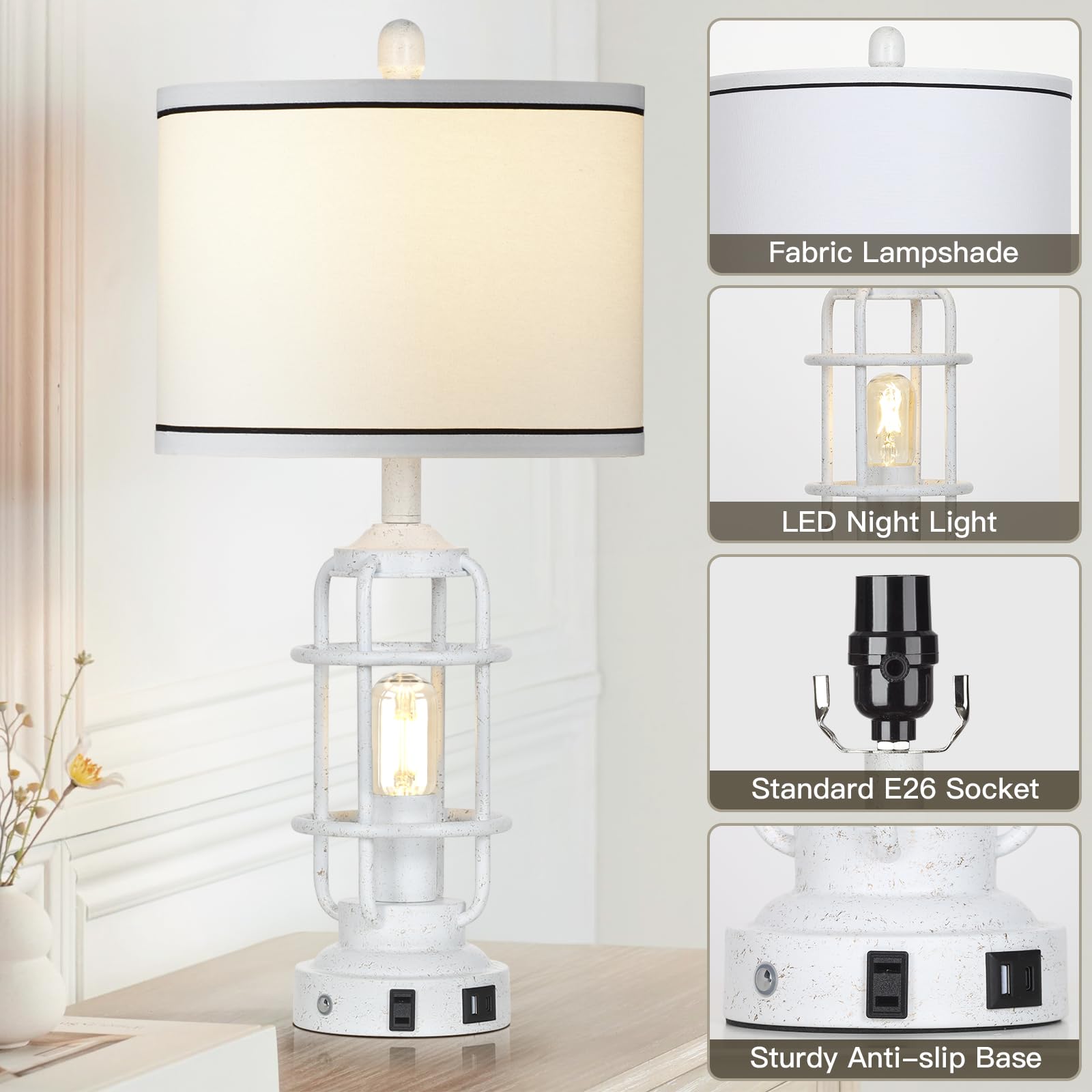 Farmhouse Lamps Set Of 2, White Vintage Rustic Industrial Lamps With Usb A+C Charging Ports & Ac Outlet, 3 Way Dimmable Touch Co