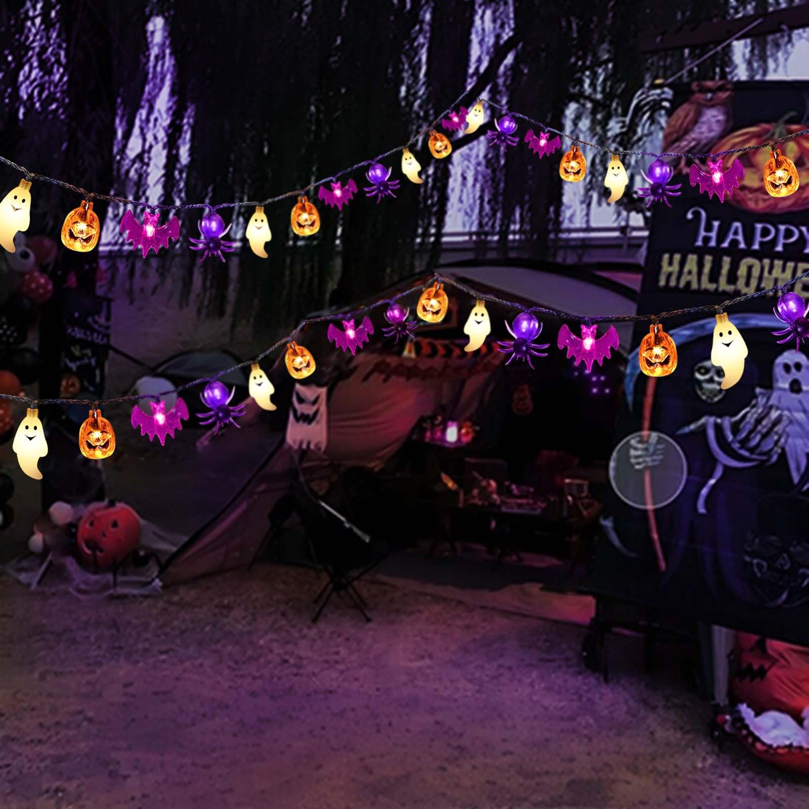 Janchs 40Led Solar Halloween Lights, Waterproof Pumpkin Bat Ghost Decor, 8 Modes, Warm White