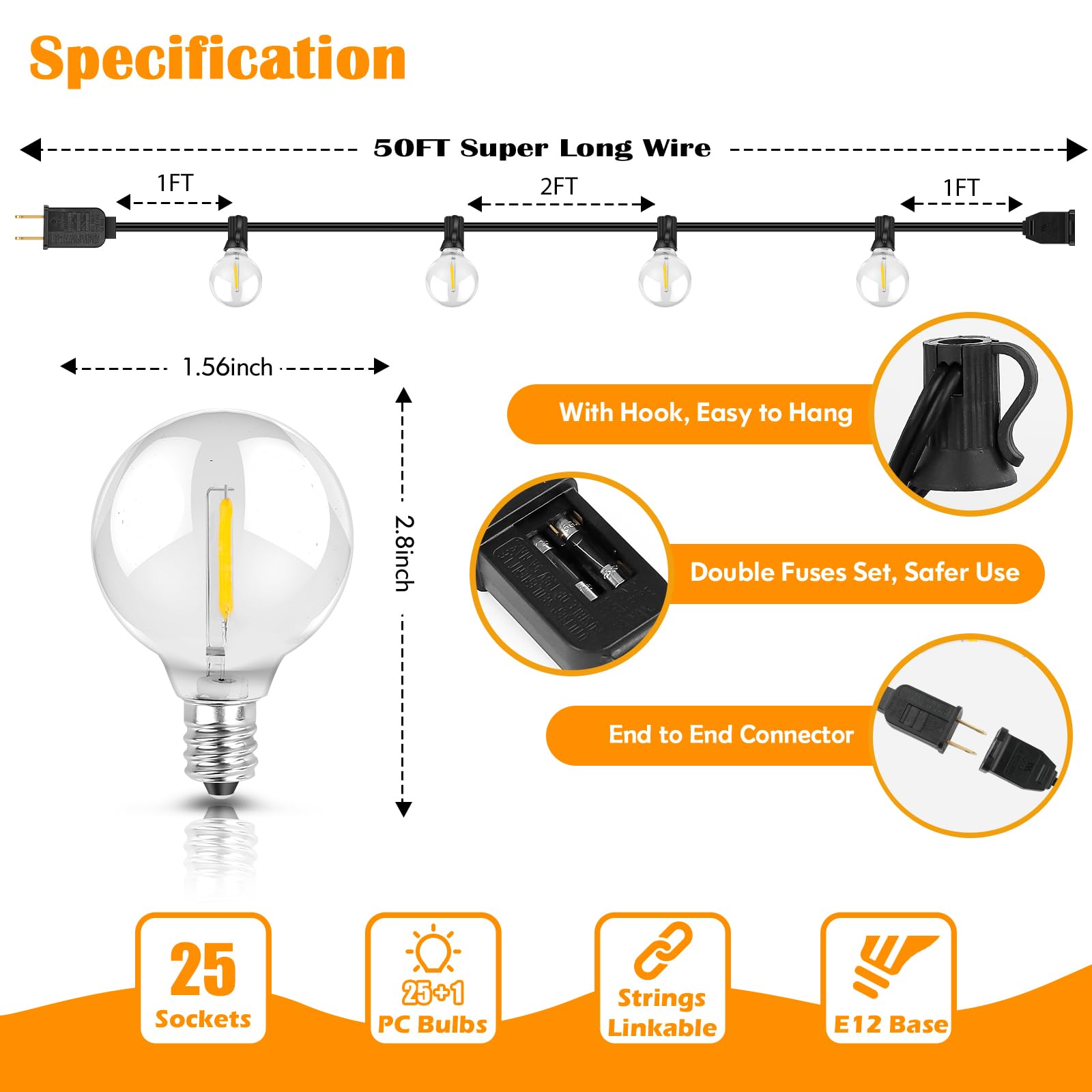 50Ft Outdoor String Lights Waterproof, Bright 2700K Led Patio Lights String With 27 G40 Shatterproof Globe Bulbs, Connectable Ed