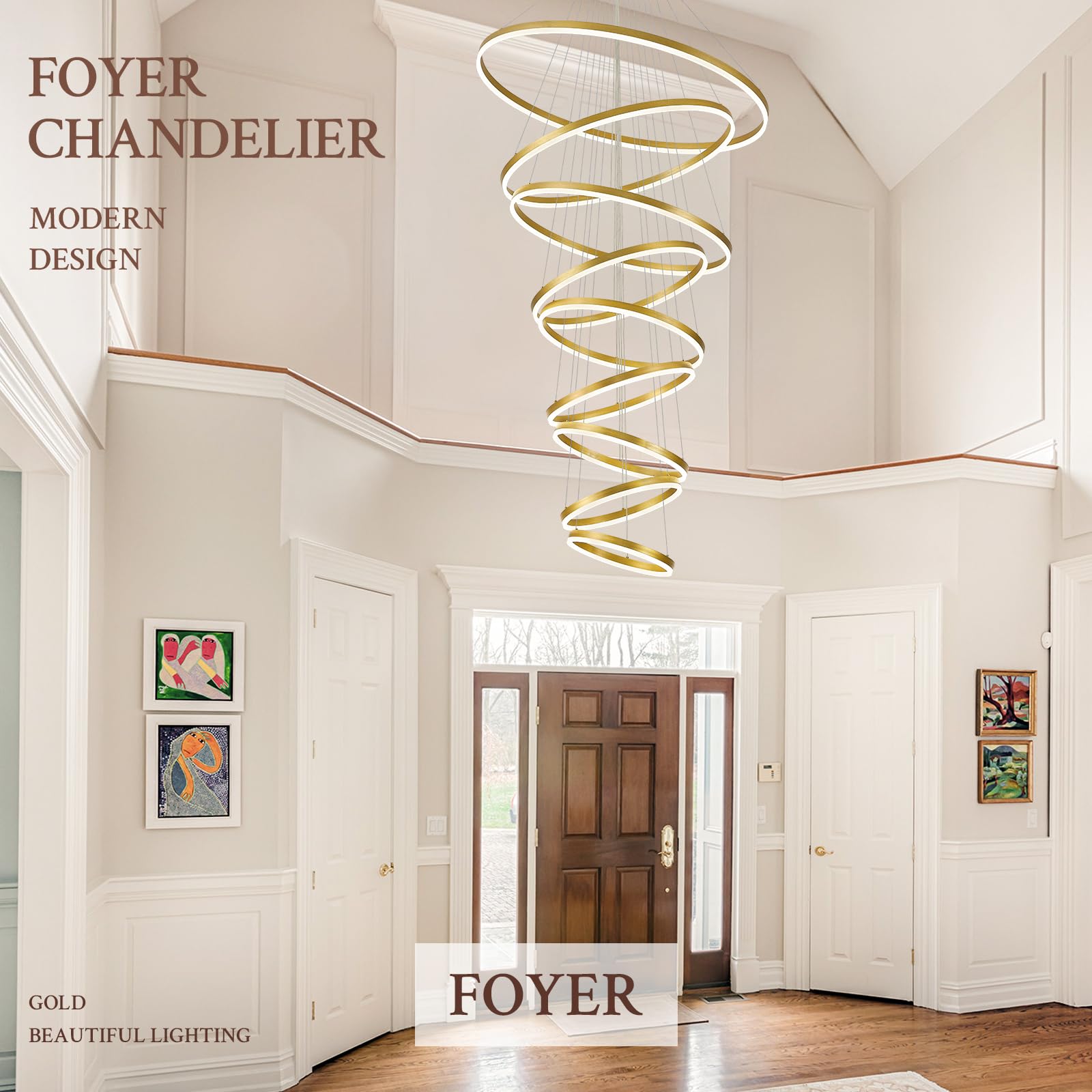 Sparklelf LED Chandelier, Dimmable Modern Design, 9 Rings, 39.4in, Gold, Remote Control, 3000K-6500K for Entryway and Living