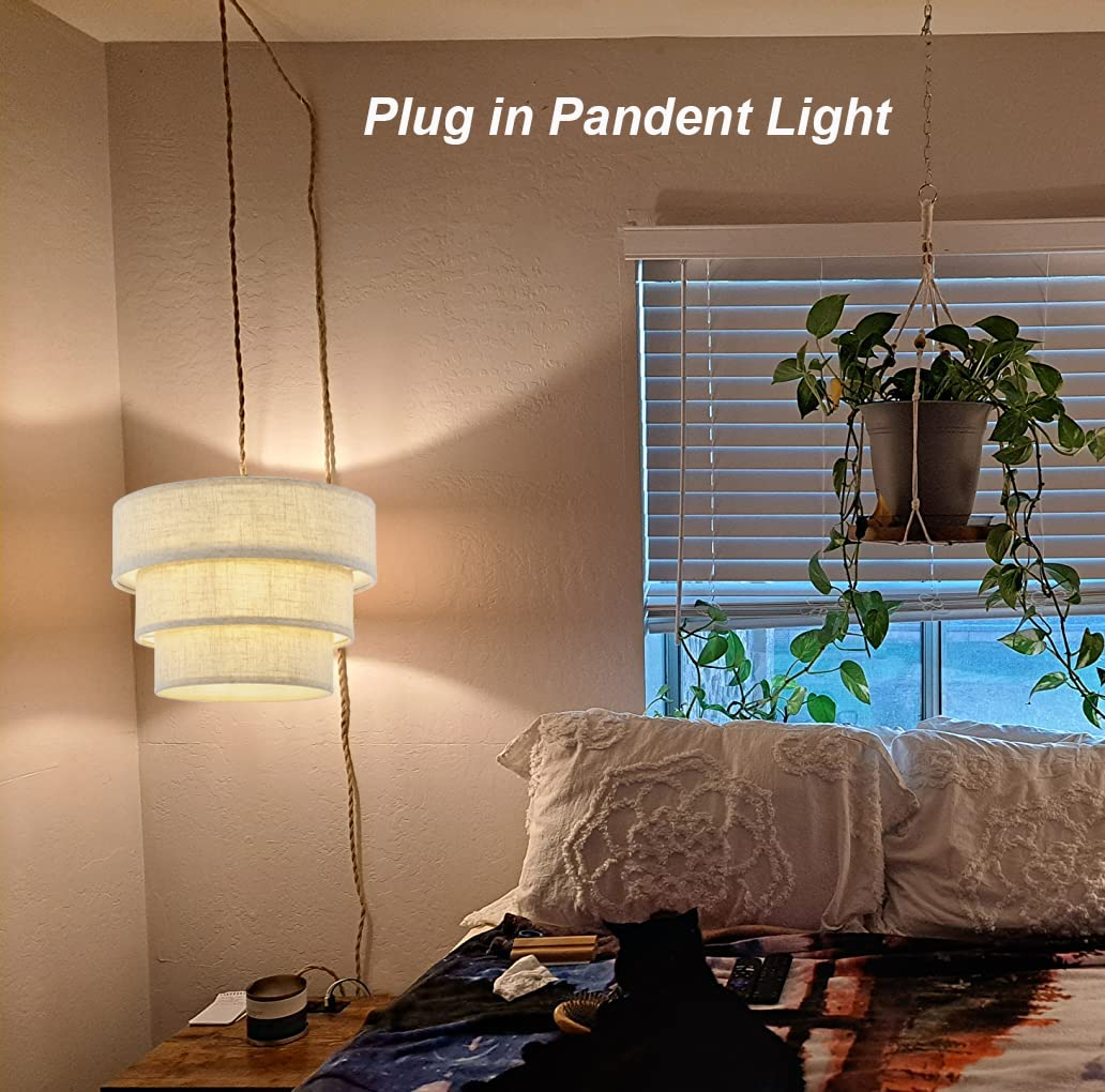 XININSUN 3-Tier Pendant Light with 15ft Hemp Rope Cord, E26 Dimmer Switch, Glass, Brown, Model 002