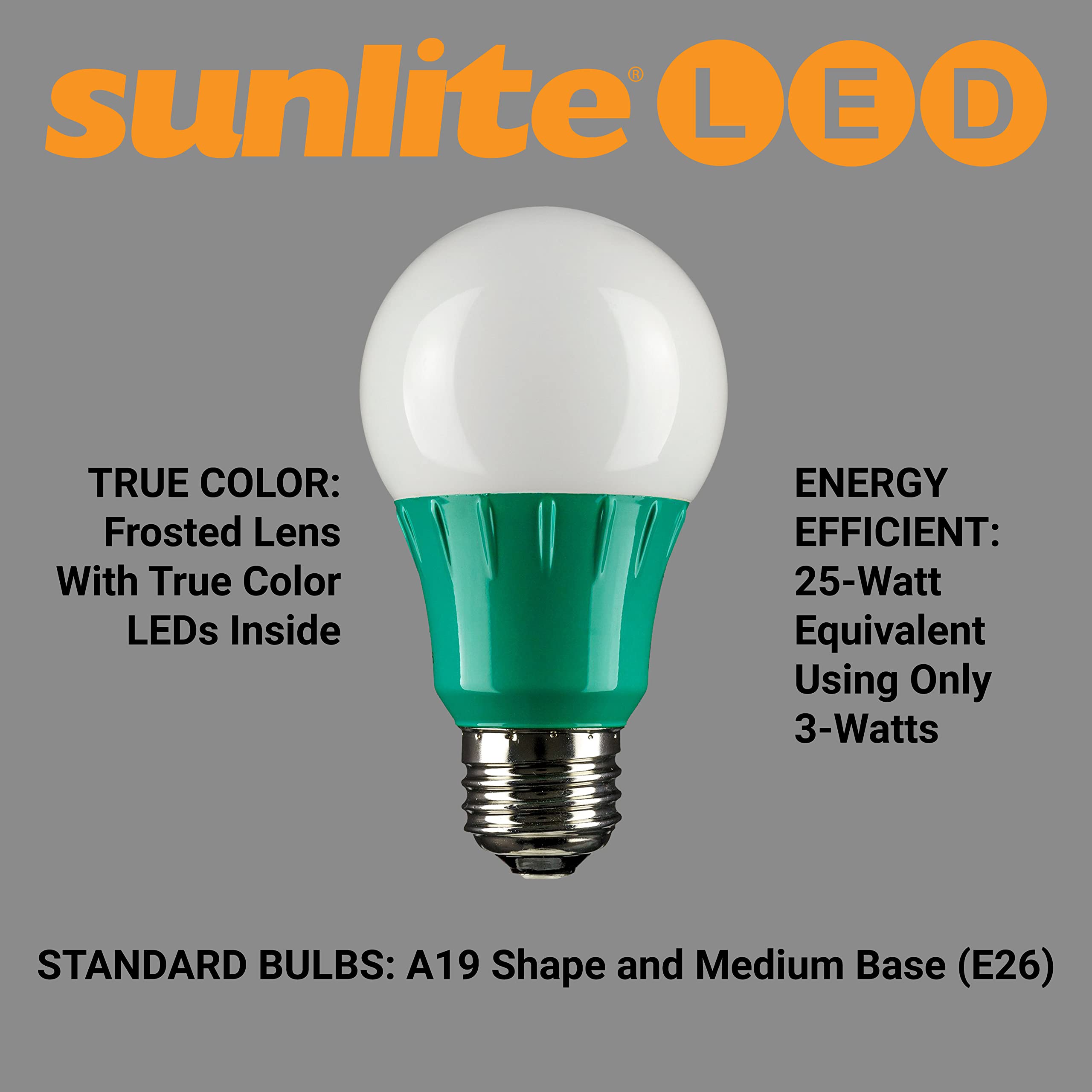Sunlite LED A19 Colored Light Bulb, 3W (25W Equivalent), Green, E26 Medium Base, Non-Dimmable, 3 Count, Model 40451