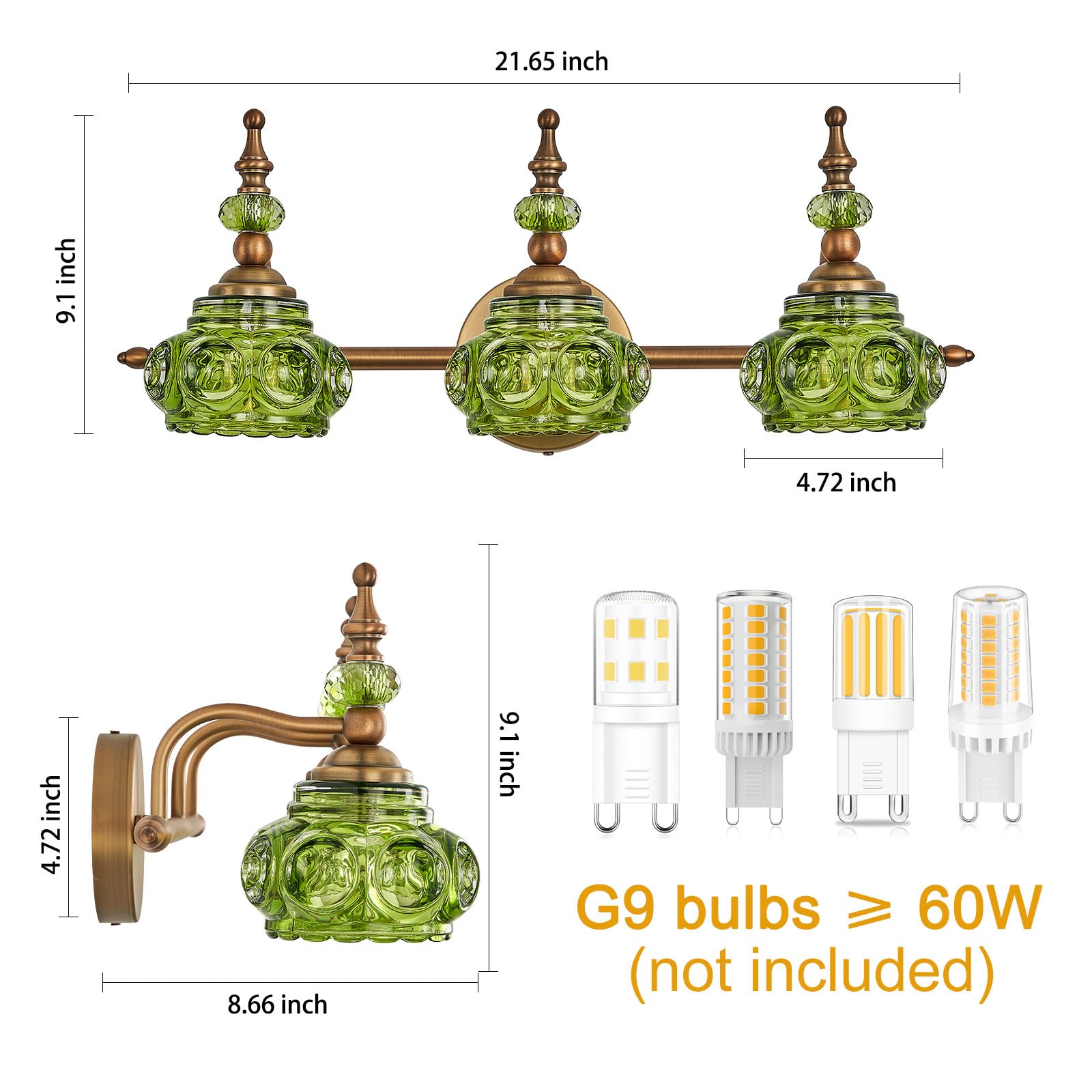 ZILANL 3-Light Vintage Bathroom Vanity Light Fixture, Modern Brass Sconces with Green Glass Shade, CLLZ-3