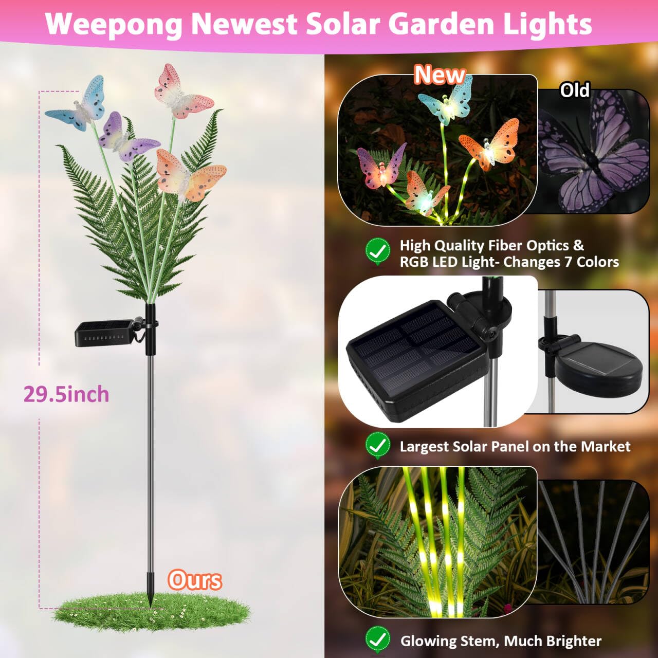 Weepong Solar Garden Lights 4 Pack Waterproof Decorative Solar Lights Outdoor With Glowing Stems 7-Color Changing Fiber Optic Butterfly Light For Outside Yard Lawn Garden Decor  Gifts For Women