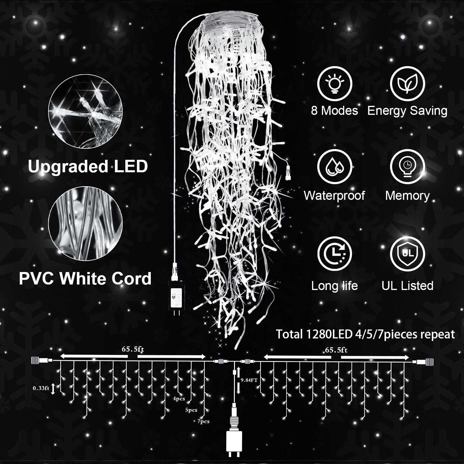 JXLEDAYY Christmas Lights 1280 LED String Lights 131 FT Cool White 8 Modes Model BG-CL3M3-306L01 Outdoor Indoor Decor