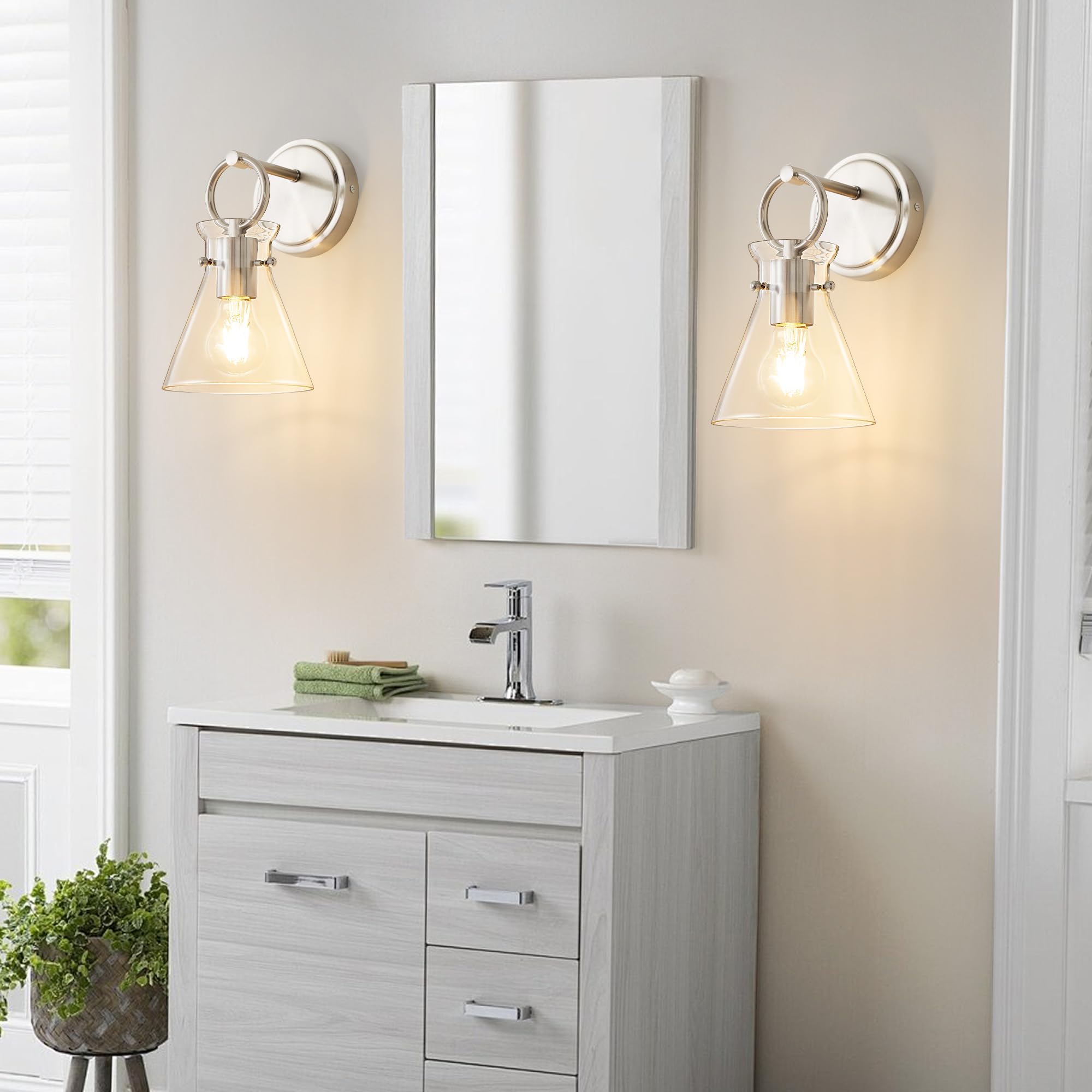 Gednbo Modern Wall Sconces 2 Pack, Brushed Nickel, Metal, Hardwired, 6 Inch Clear Glass Shade for Bathroom, Bedroom, Living Room