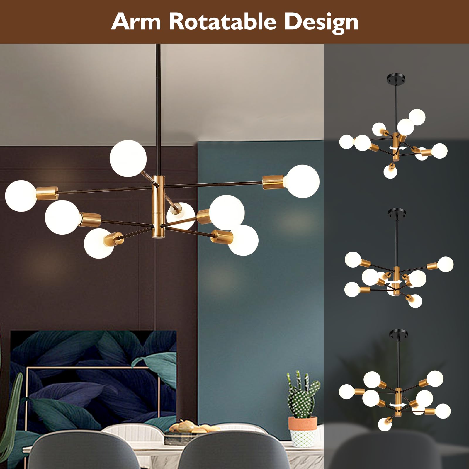 Sheetea 8-Light Sputnik Chandelier, Black & Gold Metal Pendant Light Fixture, Modern Farmhouse, Height Adjustable, Model D6113-08-GDBK