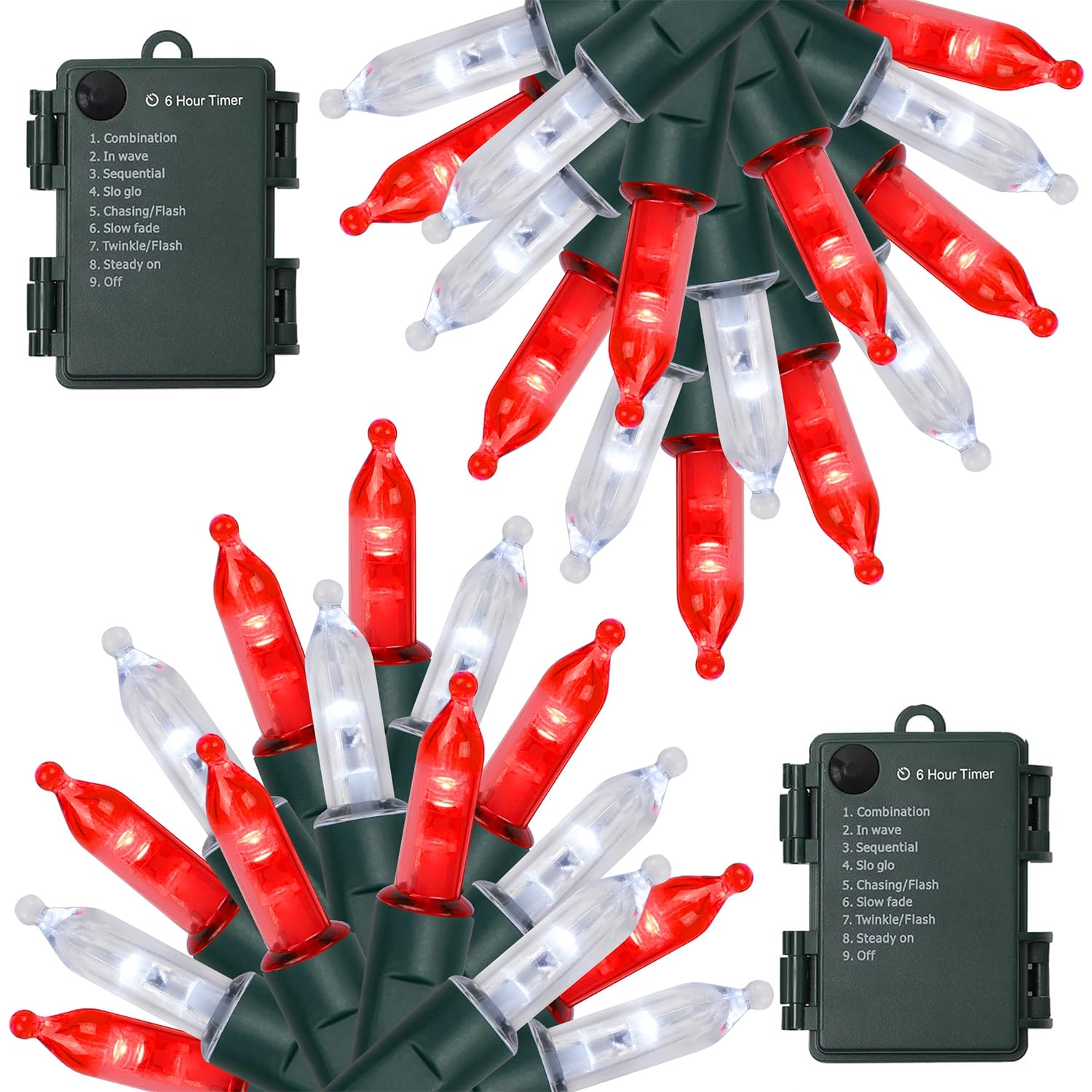 WATERGLIDE 2 Pack 50 LED Outdoor Christmas Lights, 16FT Battery Operated Mini String Lights with 8 Modes & Timer, Xmas Tree Lights Waterproof for Patio Garden Party Wedding Holiday Decor, Red & White