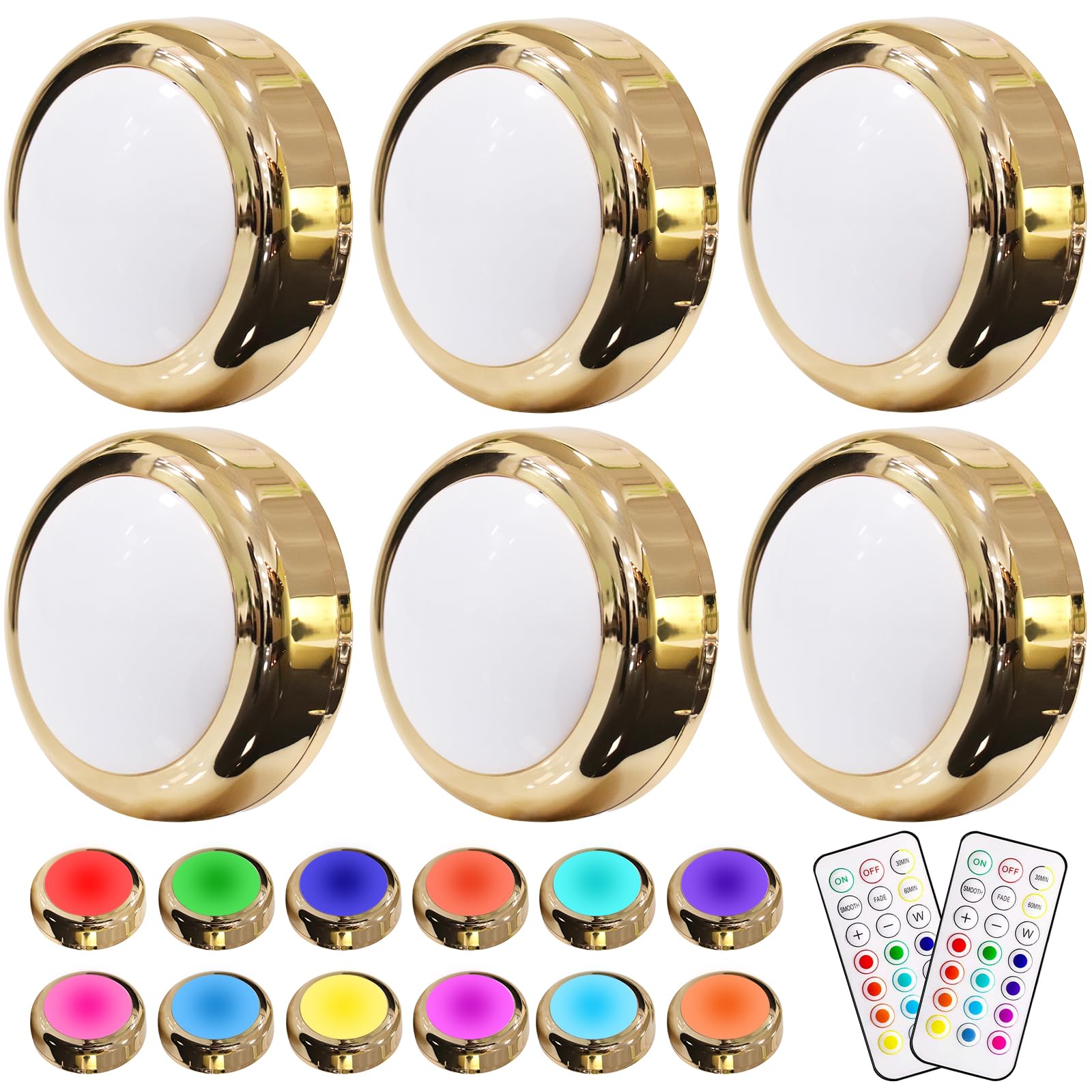 HELPLEX LED Puck Lights, 6 Pack Color Changing RGBW, Battery Powered, Dimmable, Wireless, Gold
