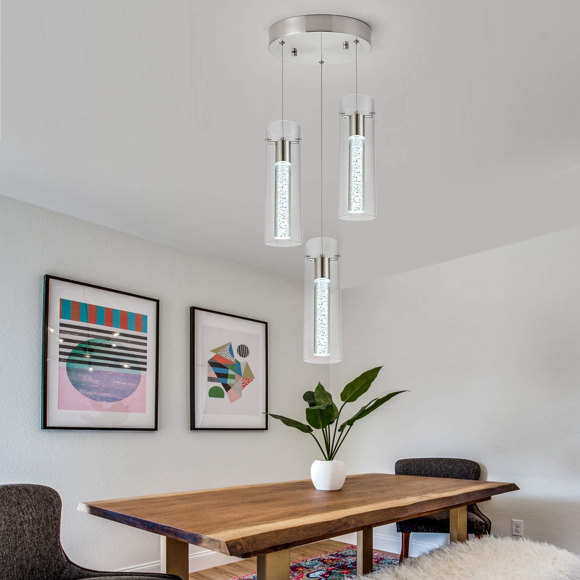 votag 3-Light LED Pendant Ceiling Fixture, Brushed Nickel, Adjustable Length, Model PI-0172, for Kitchen Island & Dining Room