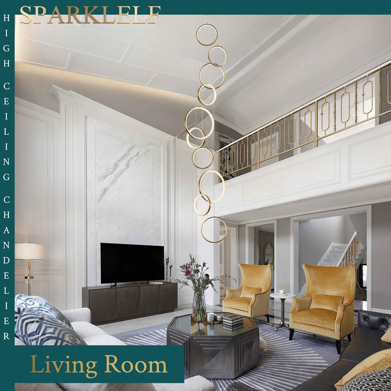 Sparklelf 10 Rings Modern Led Chandelier For High Ceiling Dimmable Gold Contemporary Pendant Light Fixture Long Foyer Chandelier
