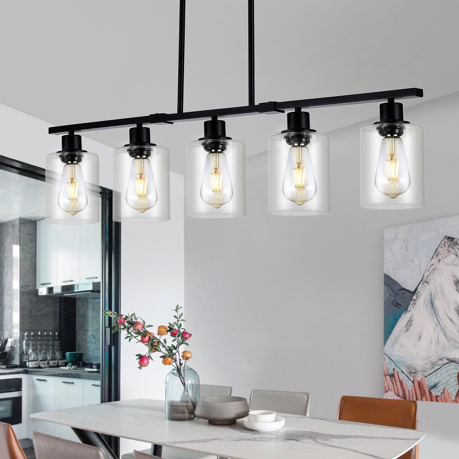 3Wwwuee 39.4'' Kitchen Island Lighting, 5 Lights Clear Glass Pendant Light Fixtue, Black Linear Metal Chandelier For Dining&Livi