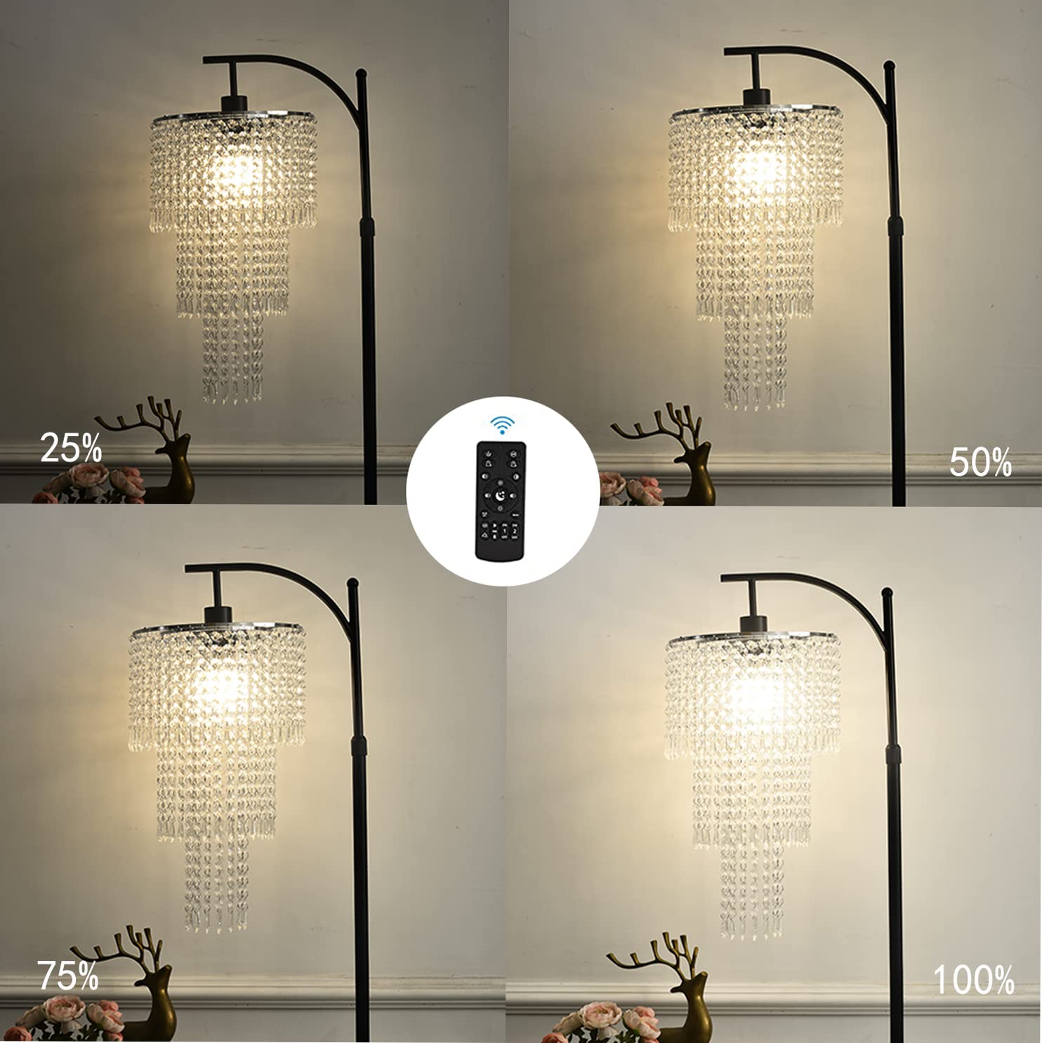 ZECOXOL Arc Floor Lamp - Modern Dimmable Crystal Lamp with Remote Control, 11.02" Clear Standing Light for Living Room & Bedroom