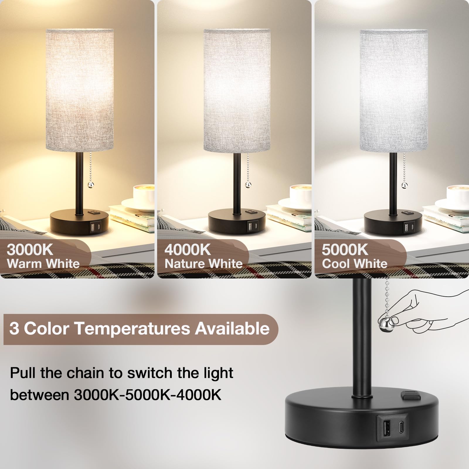 17.4Inches Grey Bedside Lamp For Bedroom Nightstand - Tall Table Lamp With Usb A + C Charging Port & Ac Outlet, 3 Color Temperat