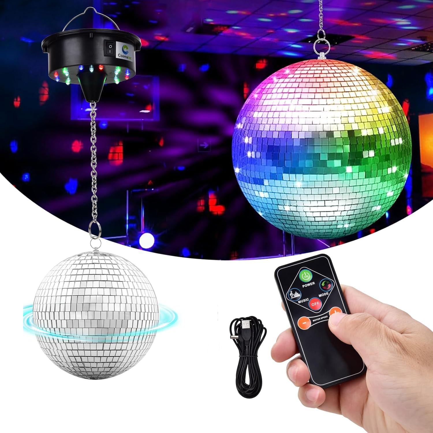 7 Hanging Disco Ball with Motor and Light, Rotating Spinner with Remote Control, 4 Light Colors and 18 LEDs for 70s 80s Party DJ