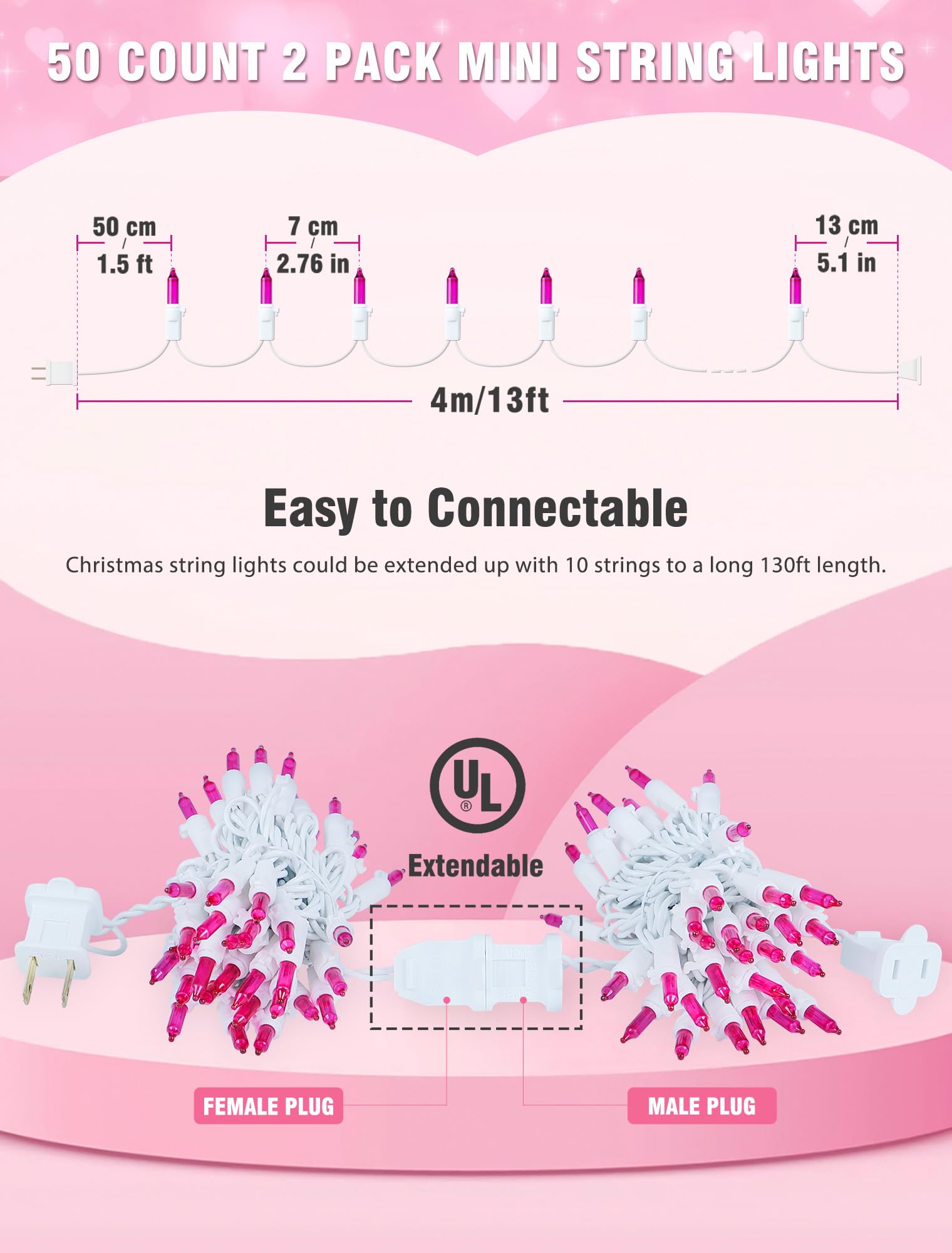 Hopolon Pink Mini Christmas Lights,2 Pack 13Ft 50Count Fairy String Light Set,White Wire Incandescent Pink Valentines Day Lights Connectable For Indoor Outdoor Wedding Birthday Valentine’S Day Decor