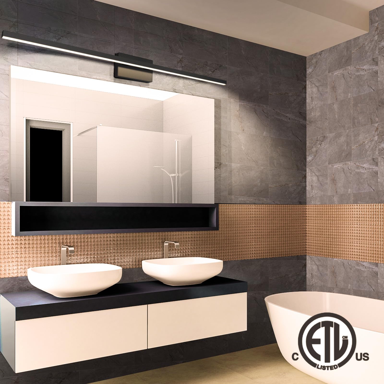 VOLISUN 48" Dimmable LED Vanity Light Fixture, Black Bathroom Light Bar, ETL Certified, Model 21174ZM