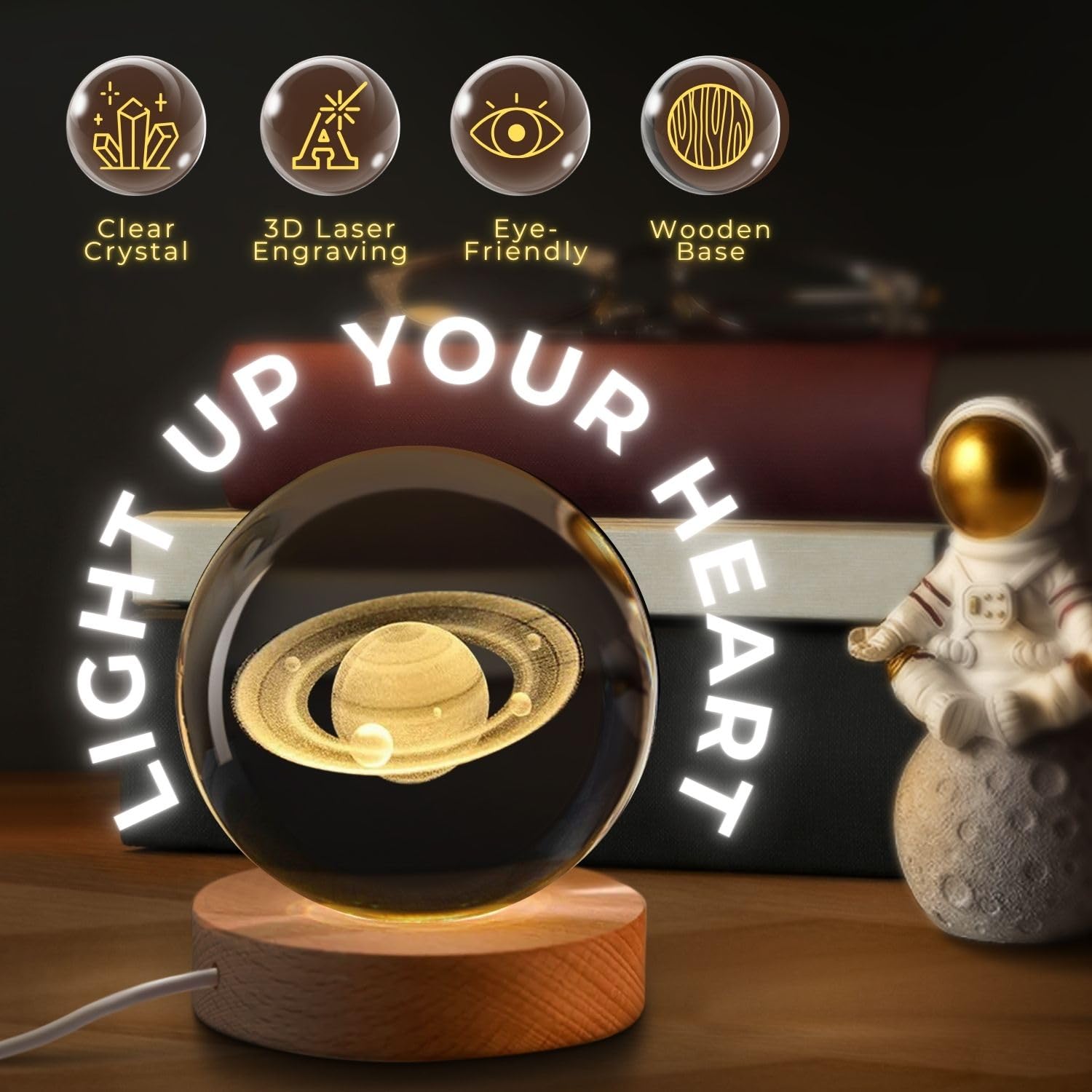 Flexzion 3D Saturn Crystal Ball Night Light - Led Light Hologram Glass Lamp With Solid Wood Base, Usb Powered Crystal Ball Lamp