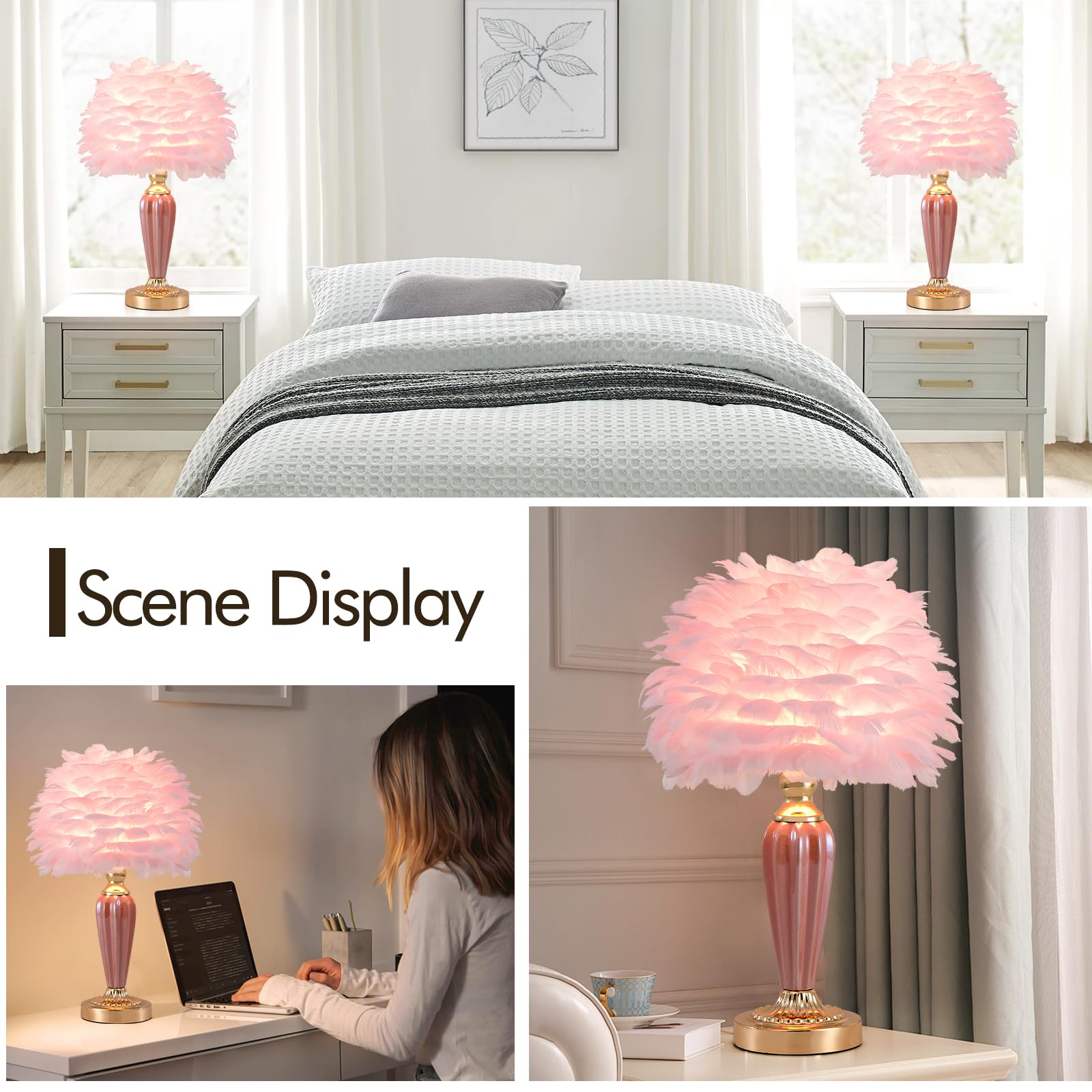 Zyleisenbao Pink Feather Lamp Creative Bedside Lamp Feather Table Lamp Cute Furry Goose Nightstand Light For Girl Bedroom Wedding Decor Living Room Hotel Office Valentines Dating Gift