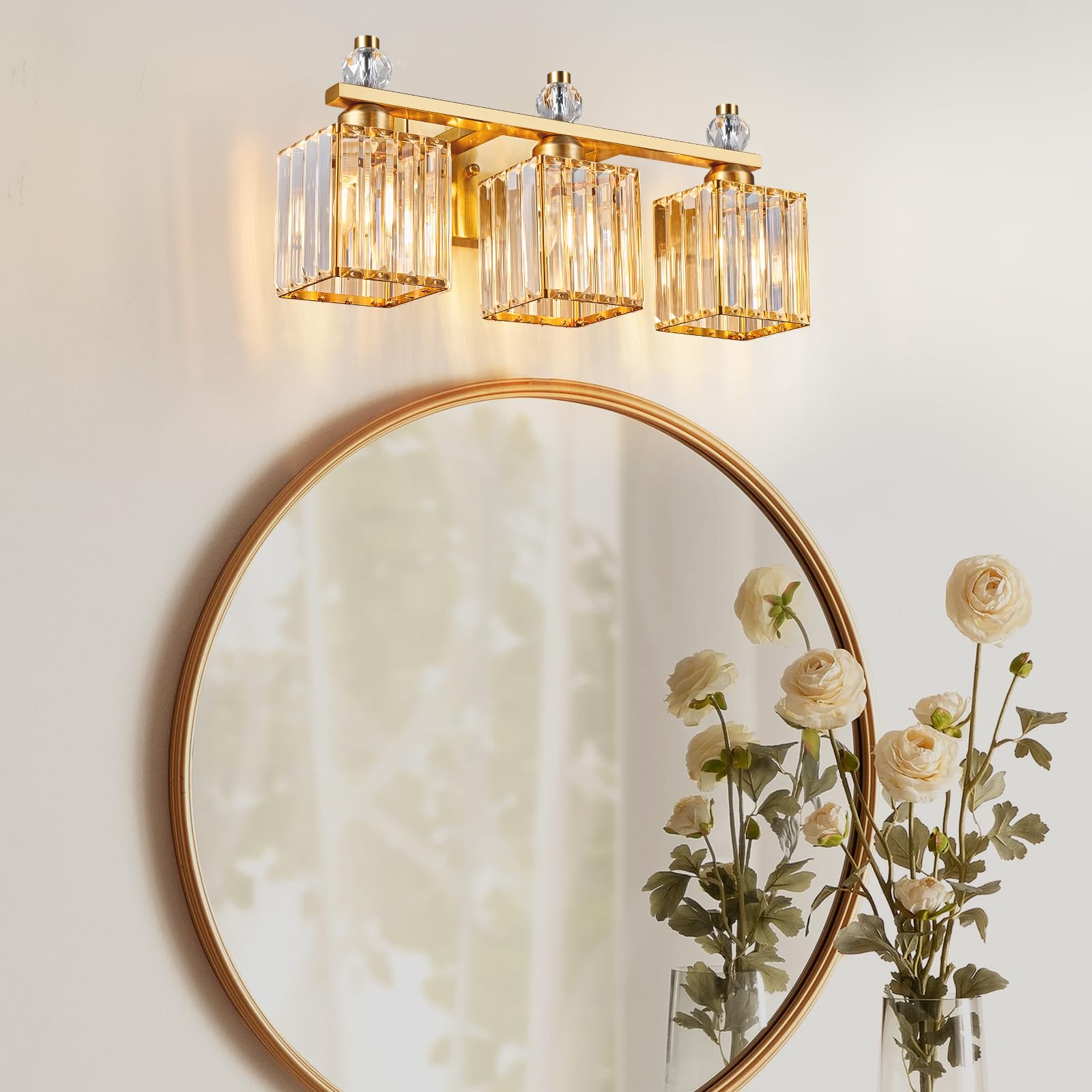 FDPBY 3-Light Bathroom Vanity Light Fixture, Gold Square Metal, Model 290, Modern Crystal Design, Over Mirror Lighting