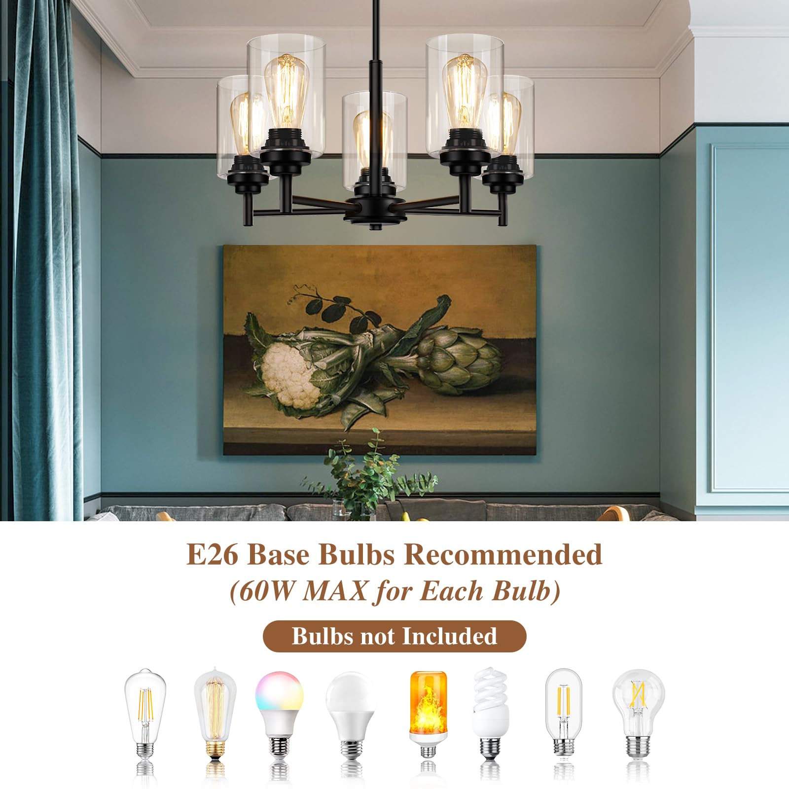 Sucolite 5-Light Black Chandelier, Modern Farmhouse Pendant Lighting With Clear Glass Shades