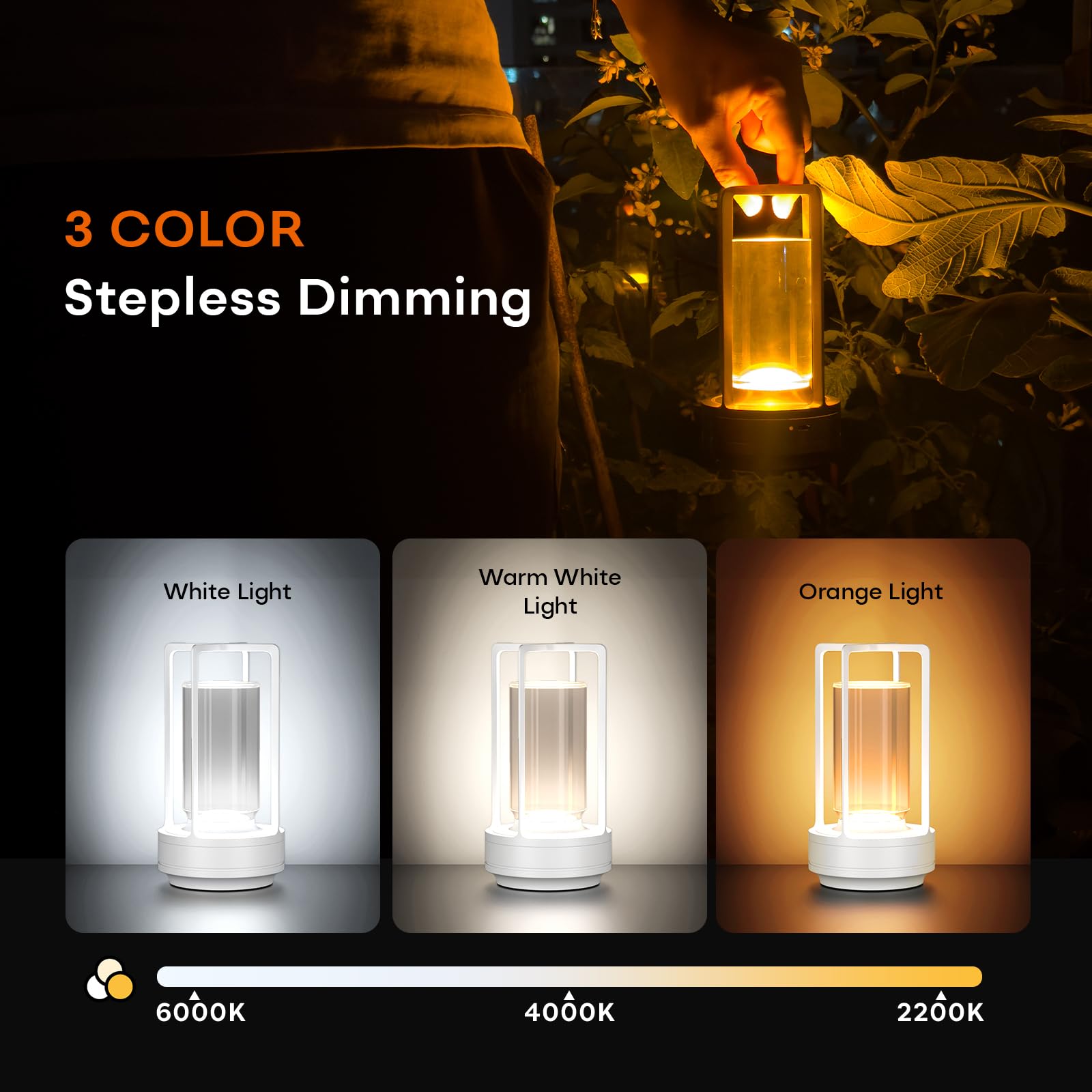 HAPYGI Portable Metal Table Lamp, Rechargeable LED, 3-Colour Dimming, Small Desk Lamp, White Set of 2