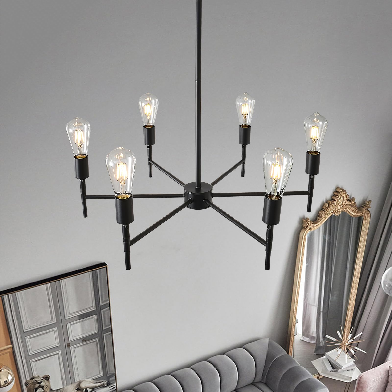 Nilse Black Chandelier, 6-Light Dining Room Chandelier Rotatable Bulb Socket Industrial Vintage Ceiling Light Fixture 24-Inch, H