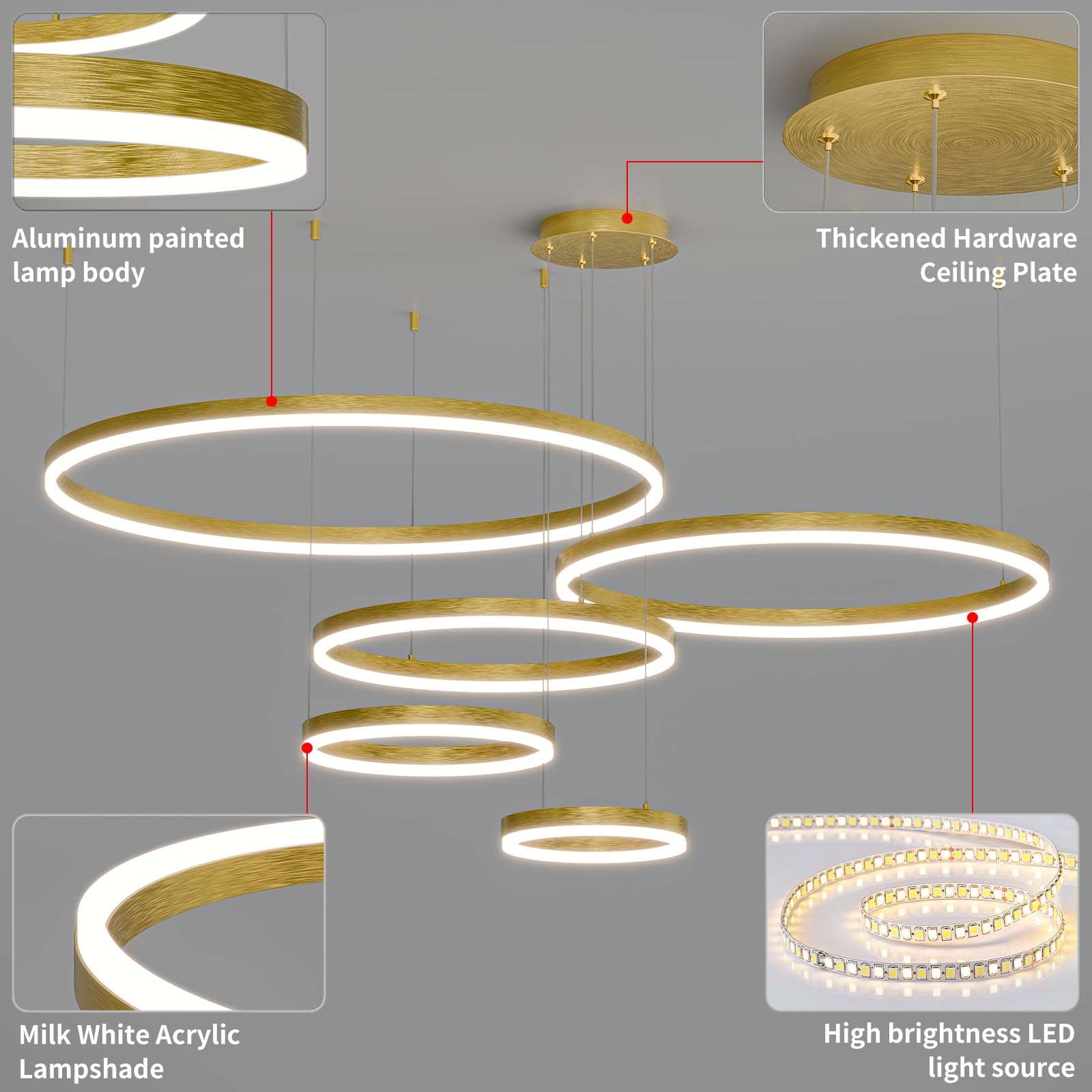 Matven Modern Ceiling Chandelier Light, Remote Control, Dimmable, 3 Color Modes, Acrylic, 11.8-39.3in, Gold, Model KD-YX