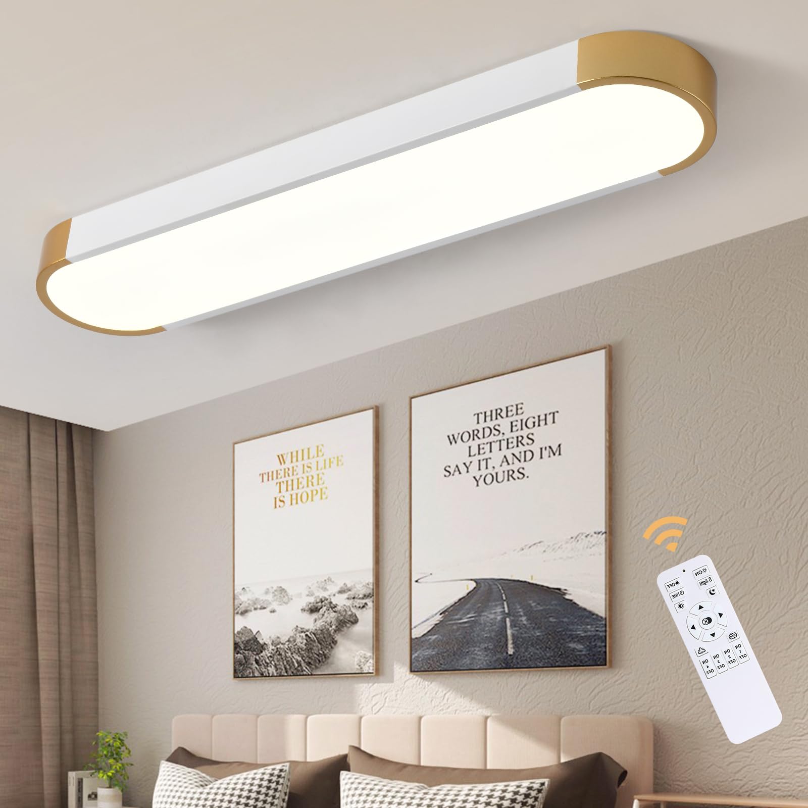 Tioolo Dimmable Led Ceiling Light With Remote 42W Kitchen Lighting Fixtures Ceiling White And Gold Long Ceiling Light Fixture 27.5 Inch Flush Mount Ceiling Lights For Kitchen Dining Room Hallway