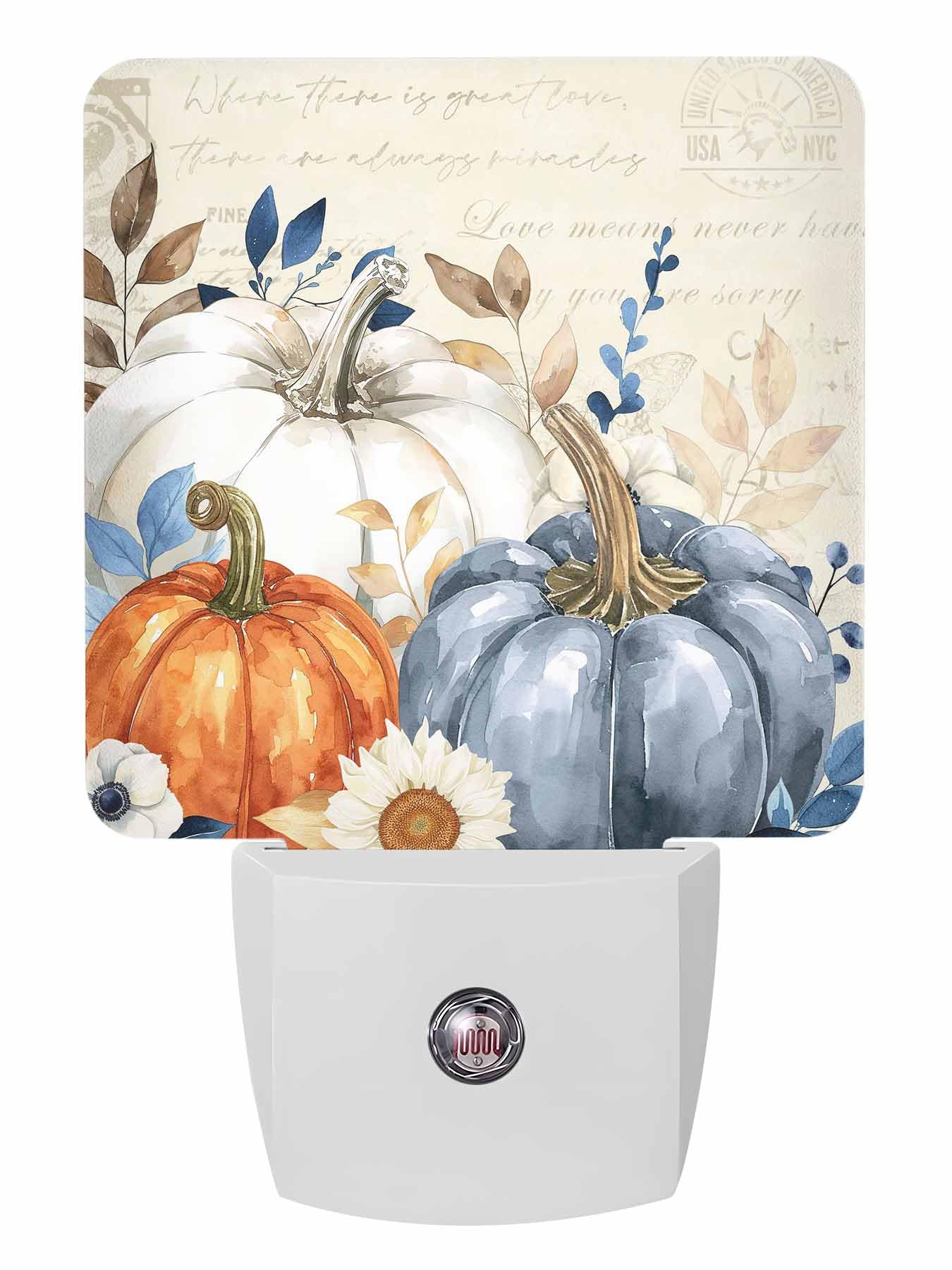 Fall Night Lights Auto Sensor Blue White Pumpkin Plug-in LED Nightlights Dusk to Dawn for Living Room, Bedroom, Bathroom, Kitche