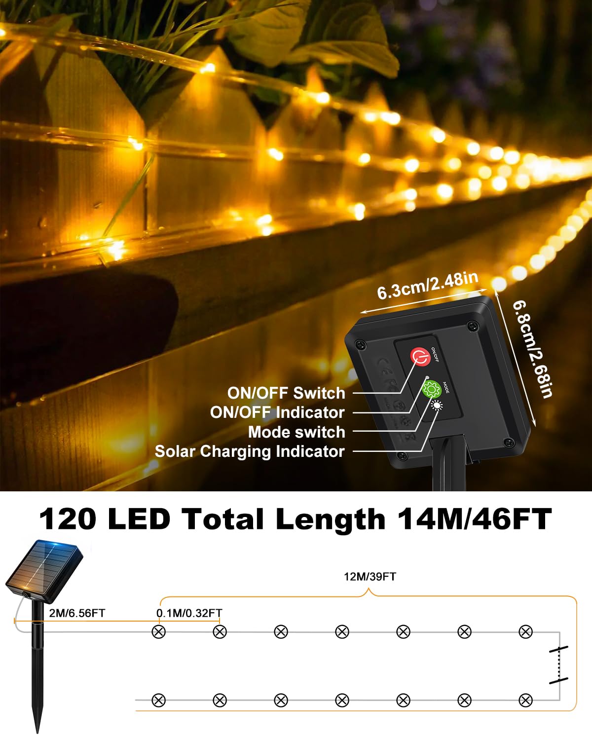 Btfarm 2 Pack Solar Rope Lights Outdoor  120Led 46Ft Solar String Lights Outside Waterproof  8 Lighting Modes Tree Tube Fairy Light Solar Powered For Garden Christmas Yard Party Decoration  Warm White