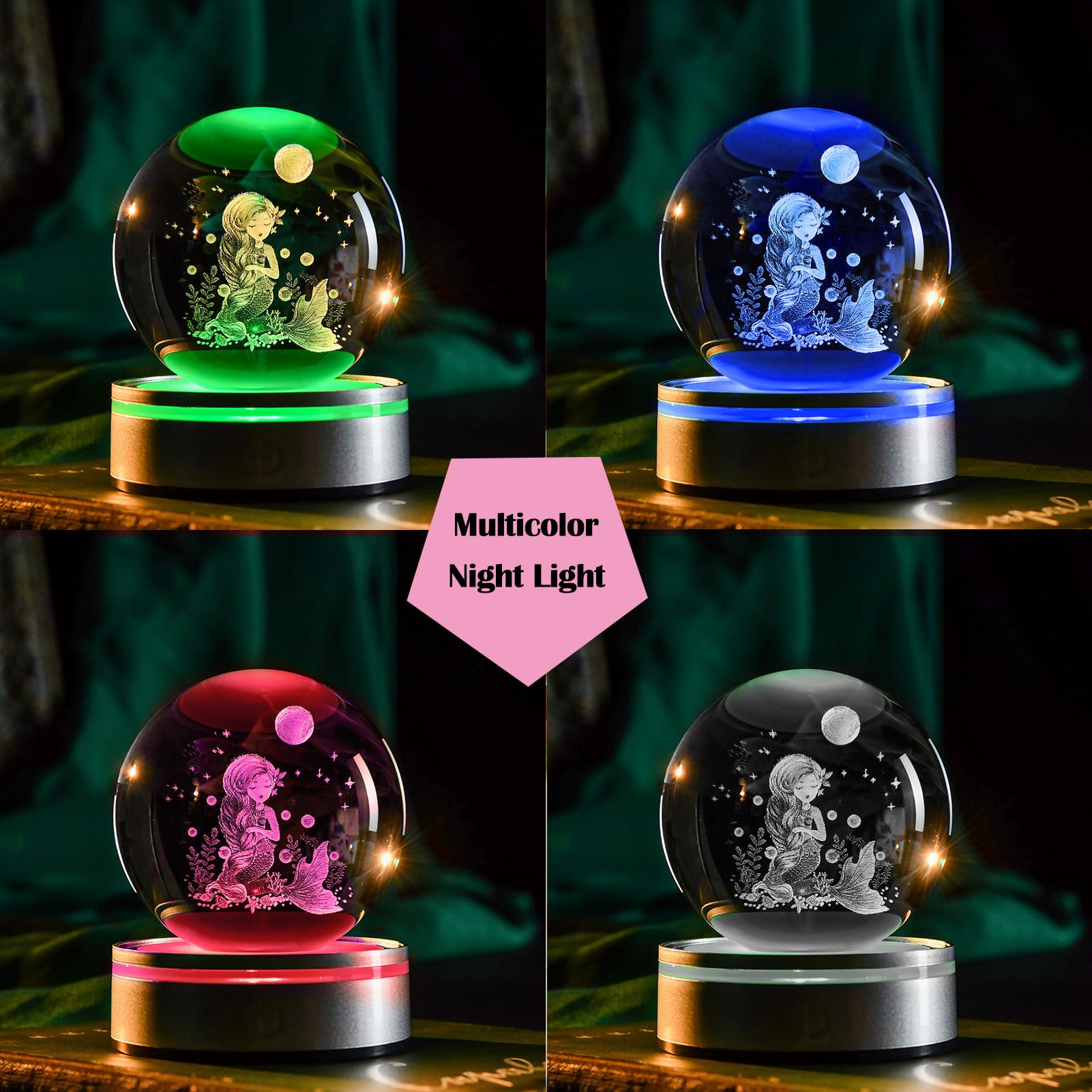 Ifolaina Mermaid Crystal Ball With Lighted Base Laser Engraved Glass Ball Mermaid Night Light Decorative Globes 3D Crystal Plant