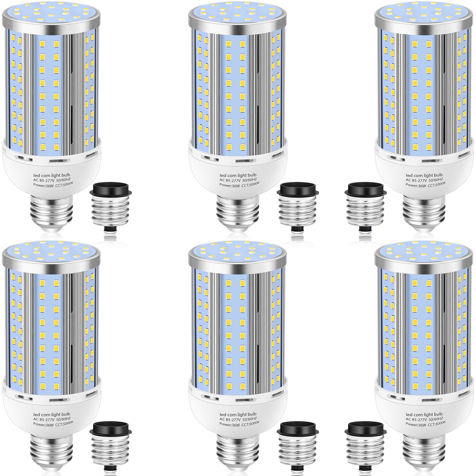6 Pack 36W Corn Led Light Bulb,(320 Watt Equivalent)Fanless E26/E39 Medium/Large Mogul Base Led Cob Lamp 5000K Daylight 5,400Lm 
