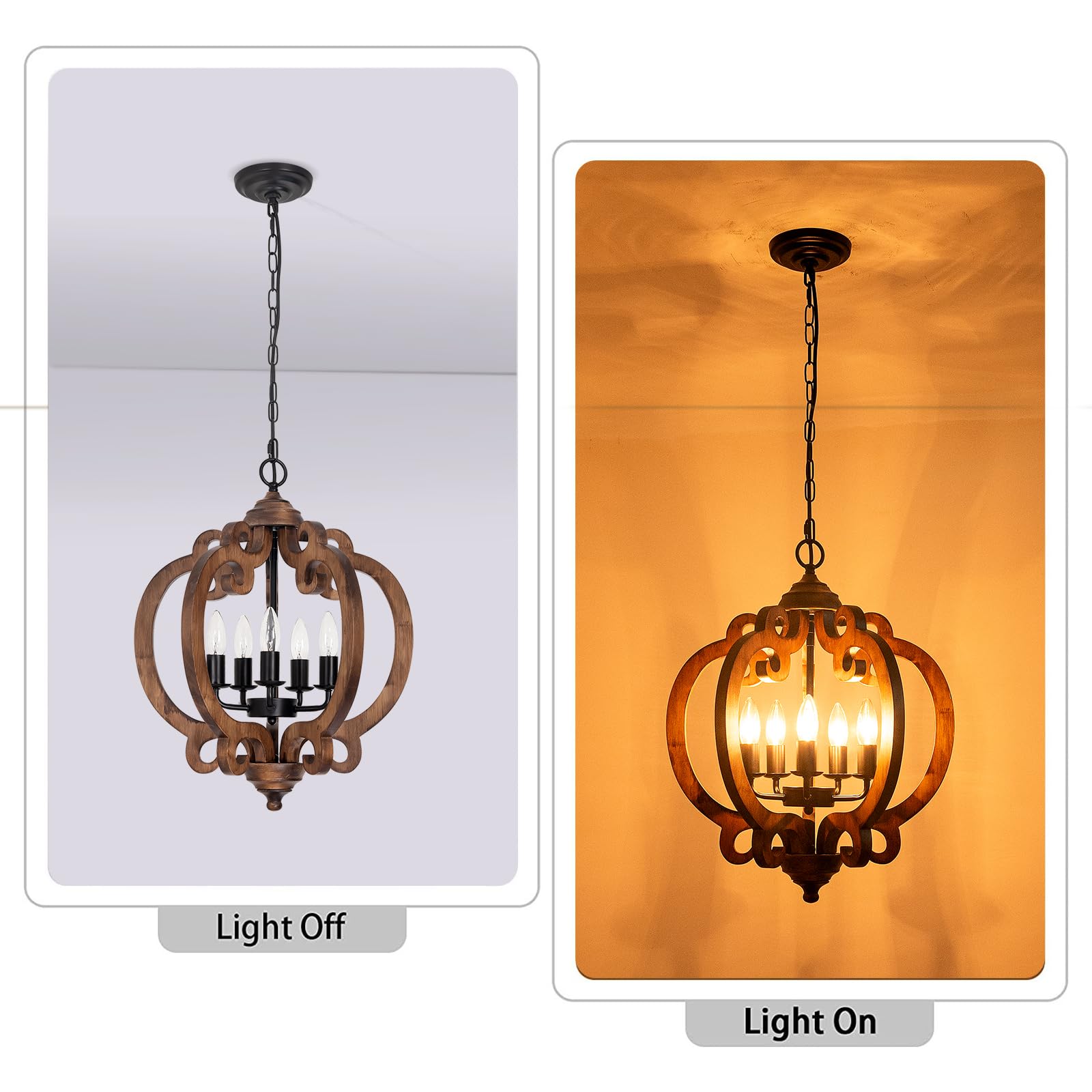 Rviezza 5-Light Rustic Wood Chandelier - Vintage Orb Pendant Lighting for Dining Room, Kitchen Island, Foyer, 17.72'' Model B0F8VH8L17