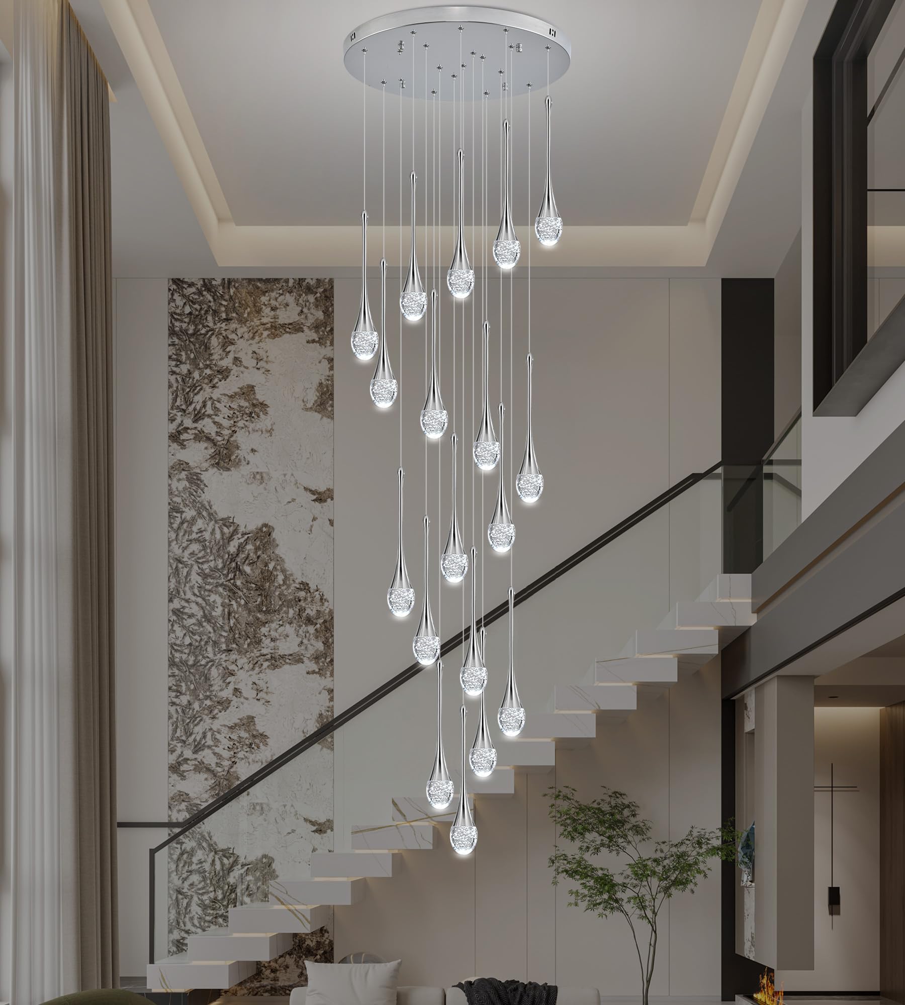 Upfelw Modern Crystal Staircase Chandelier Polished Chrome 18-Lights  H118 Large High Ceiling Spiral Dimmable Led Raindrop Foyer Entryway Light Fixture Remote Control