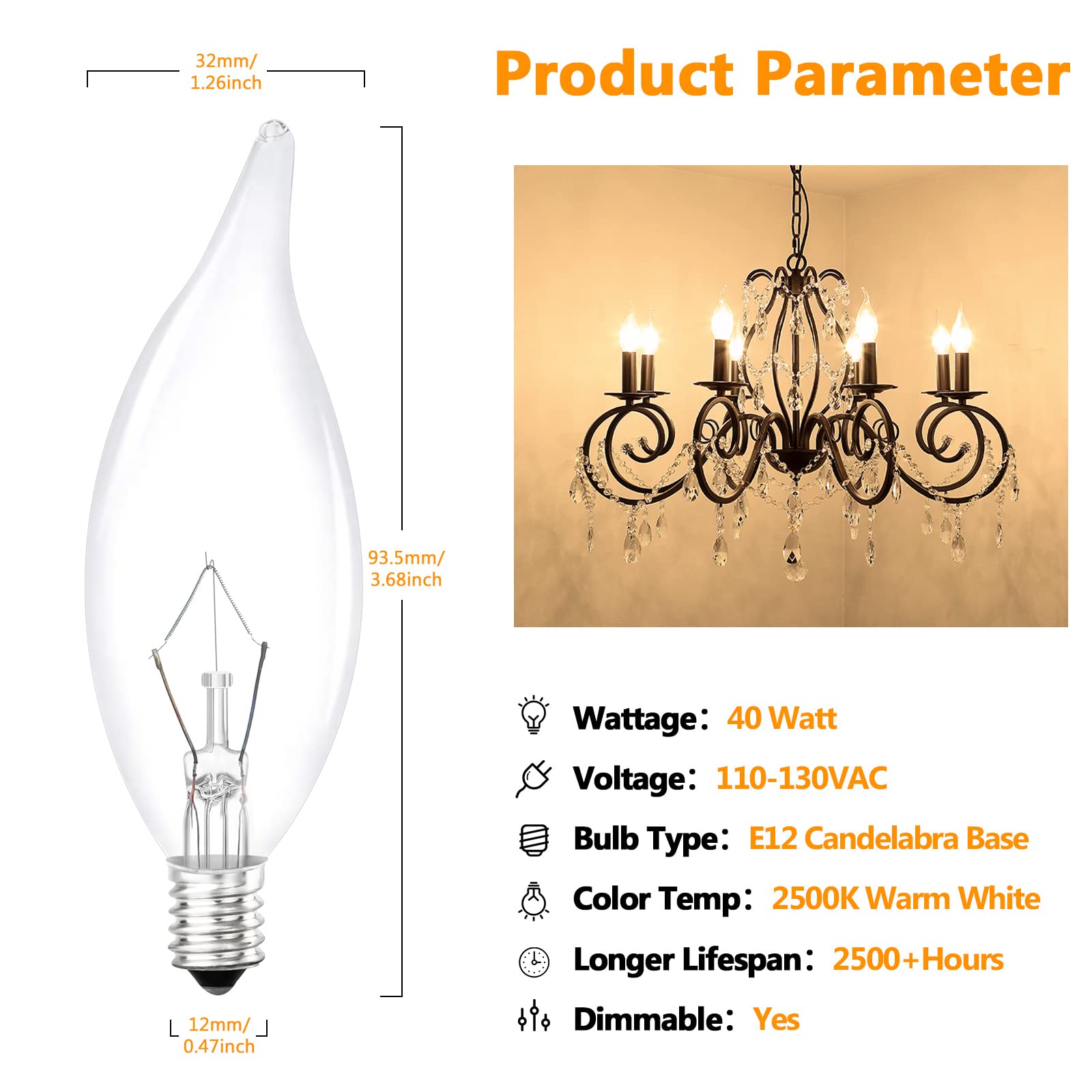 Brightever Vintage 12-Pack 40W Dimmable Candelabra Light Bulbs, 2500K Warm White, E12 Glass Flame Tip, Ideal for Chandeliers